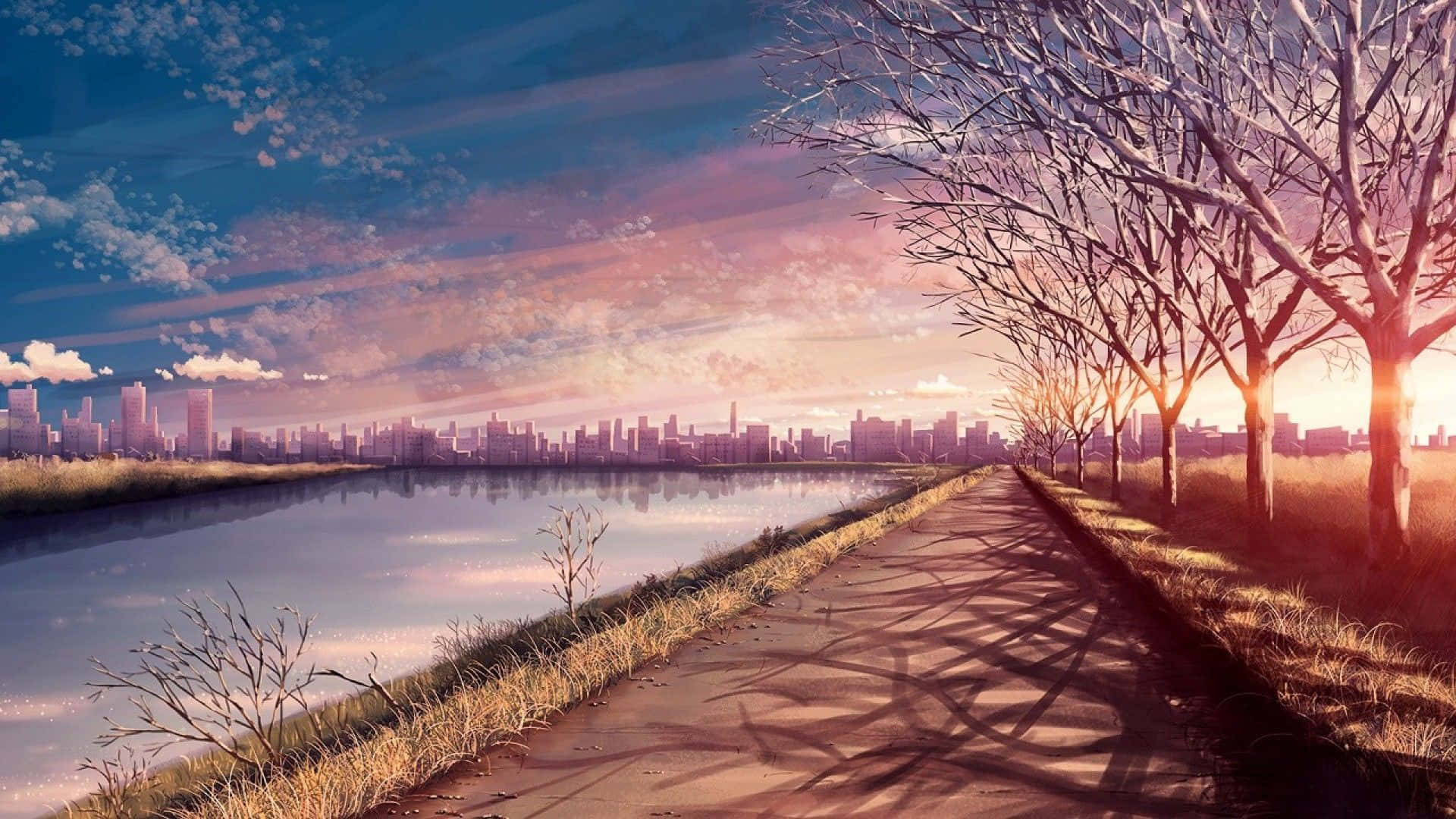 Anime park flodpromenade baggrund Wallpapers