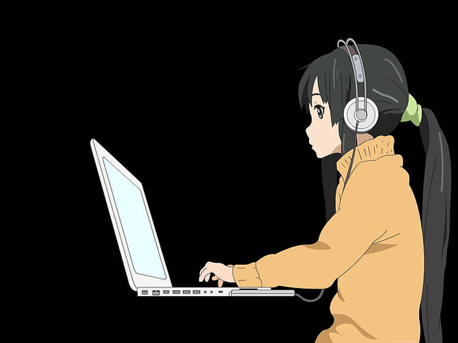Anime-pige arbejder på hvid slank bærbar Wallpapers