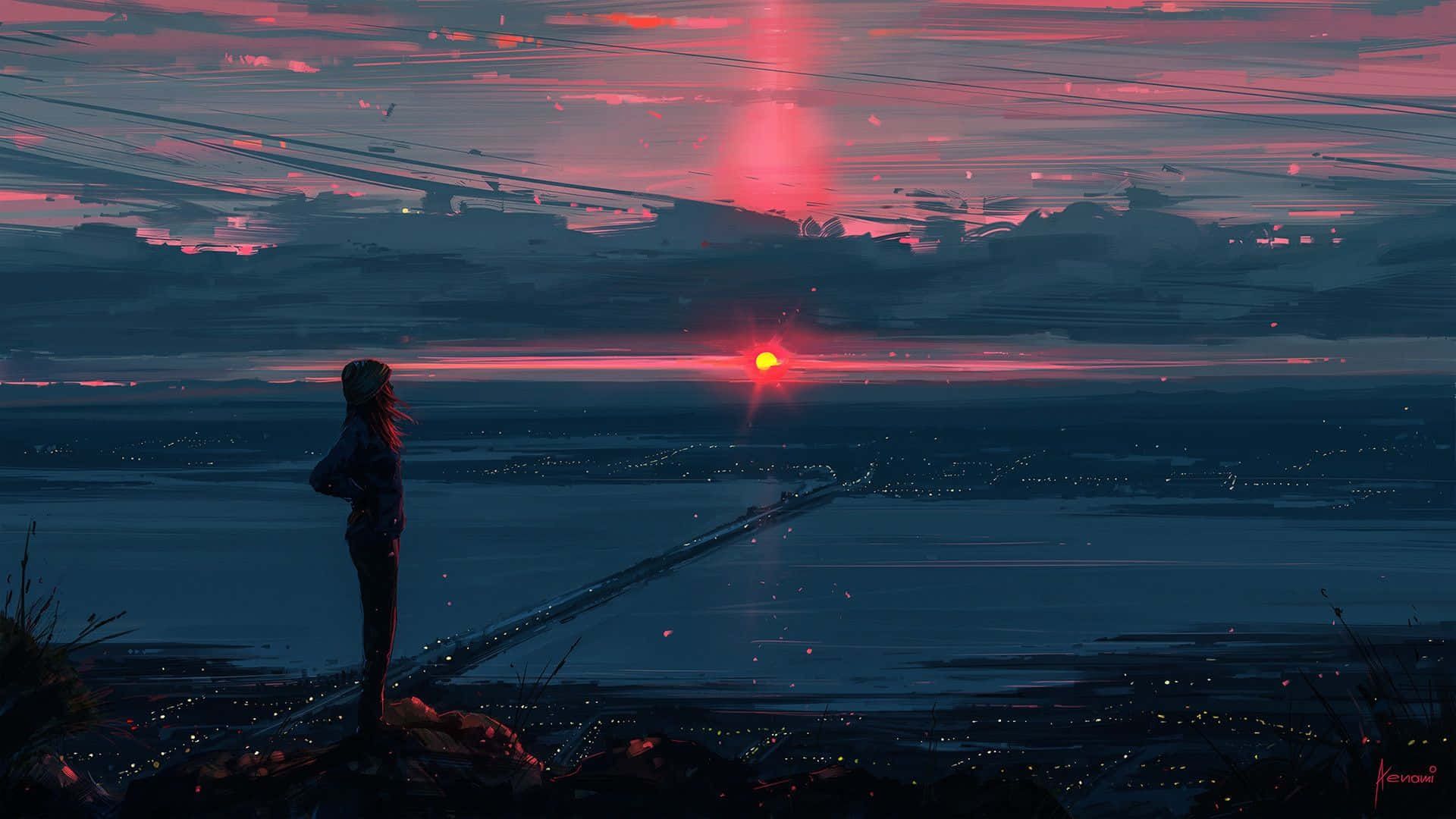 Anime-pige, der betragter solnedgangsbyen fra klippen Wallpapers