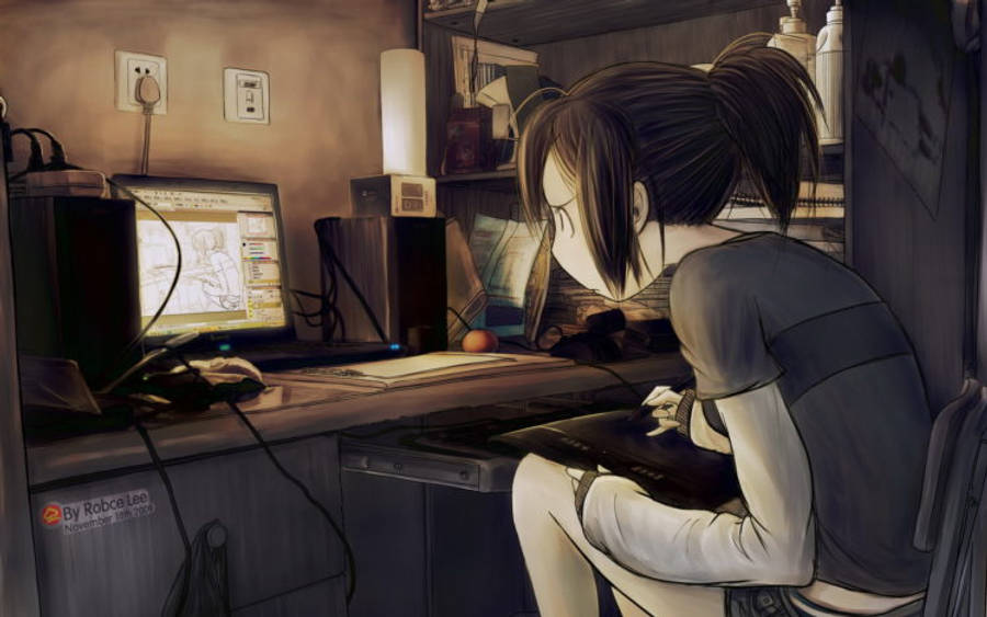 Anime-pige forvirret foran bærbar computer Wallpapers