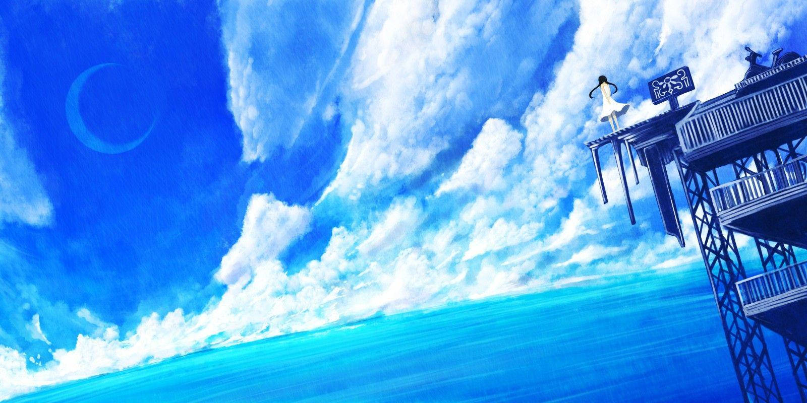 Anime-pige i blå kjole ser ud over havet Wallpapers