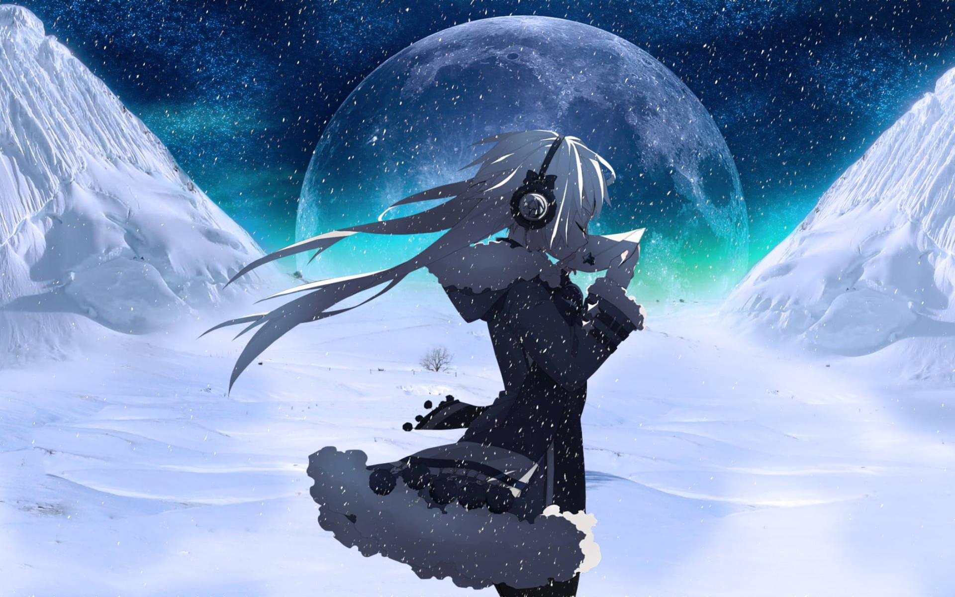 Anime-pige i galakse-måne Wallpapers