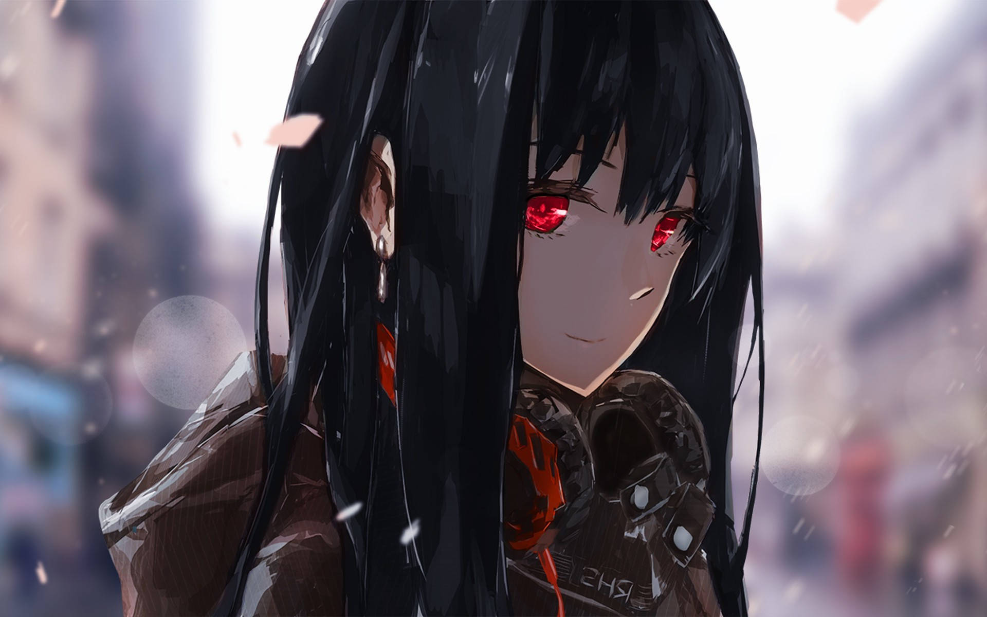 Anime-pige i hættetrøje med røde øjne Wallpapers
