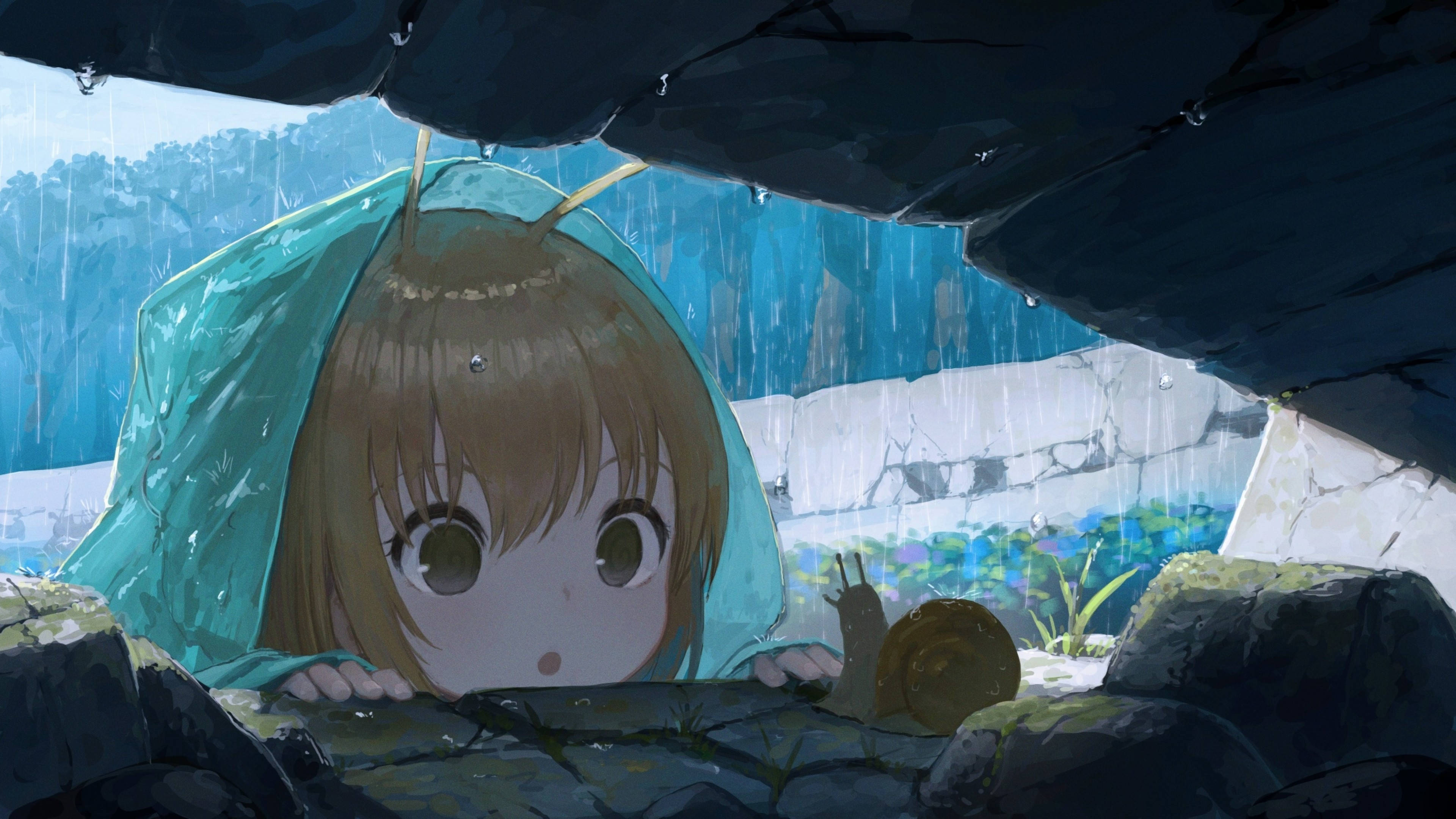 Anime-pige i hættetrøje med en snegl Wallpapers