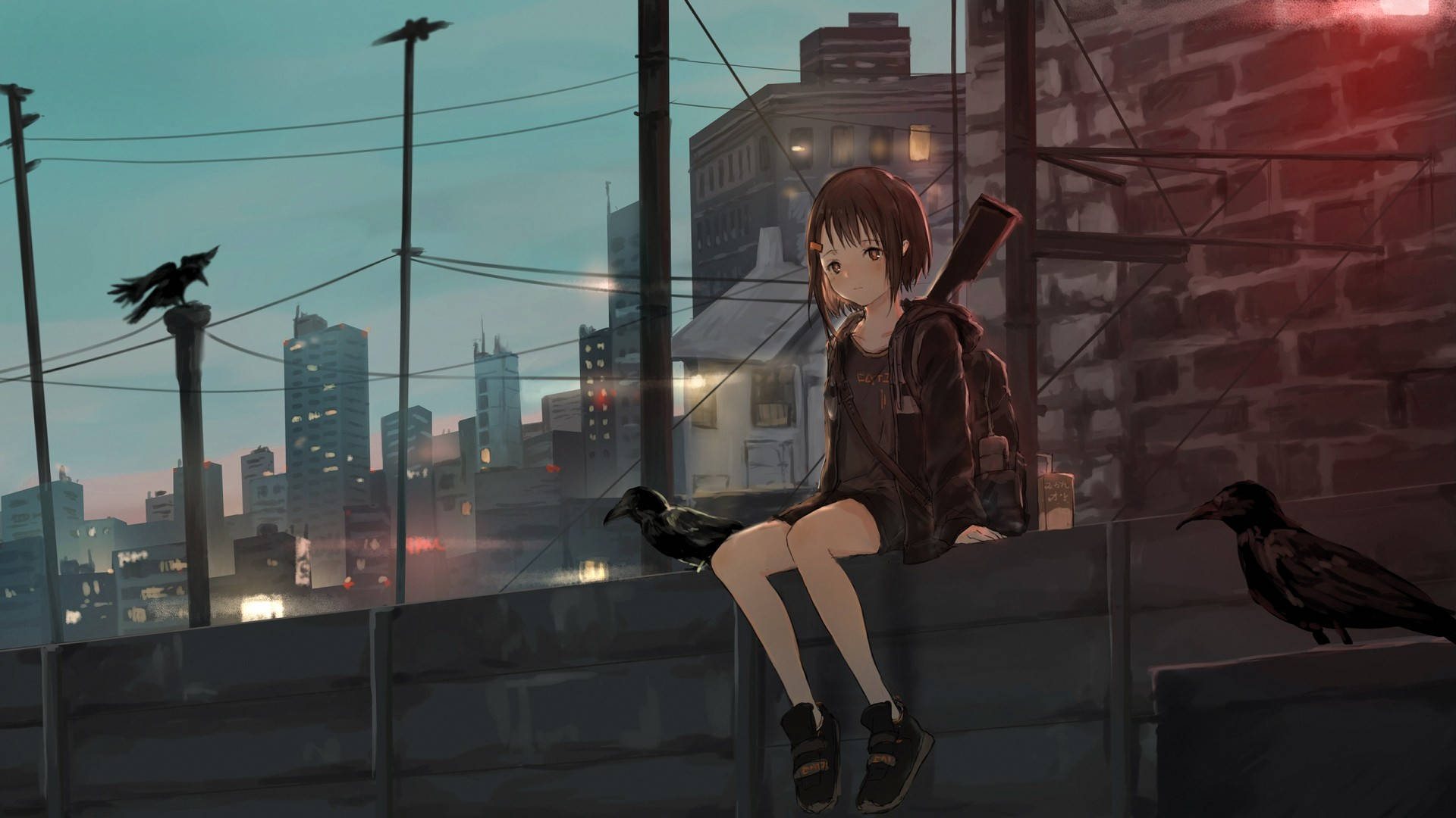Anime-pige i hættetrøje på gaden Wallpapers