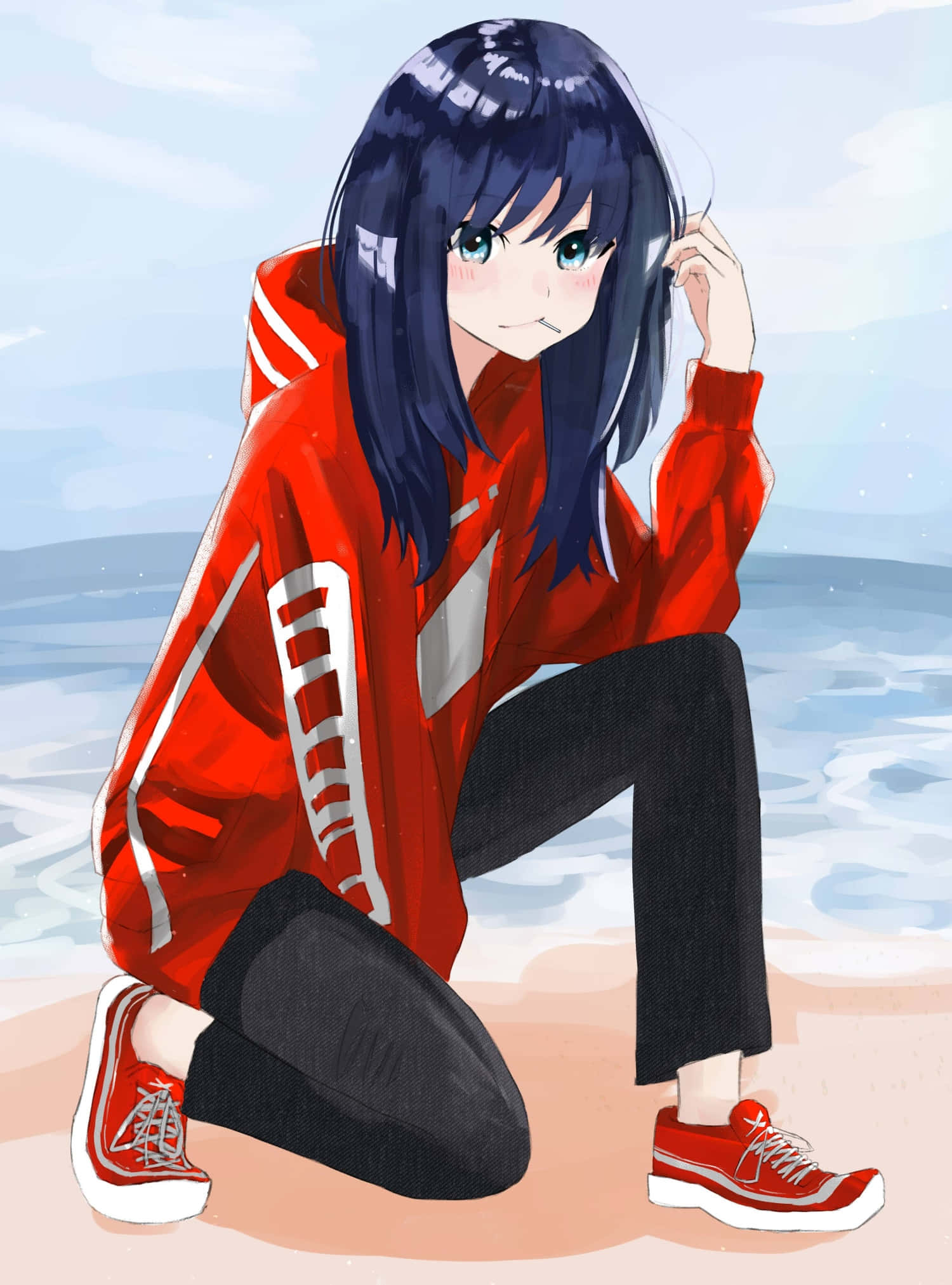 Anime-pige iført hættetrøje ser godt ud Wallpapers