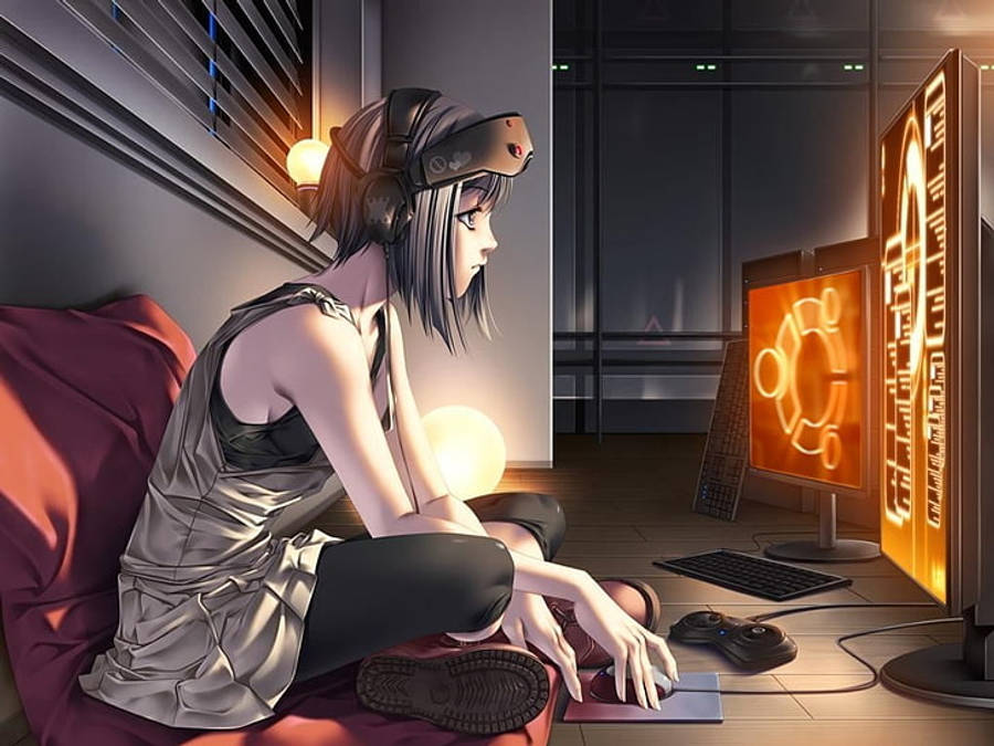Anime-pige kigger nær laptopskærmen Wallpapers