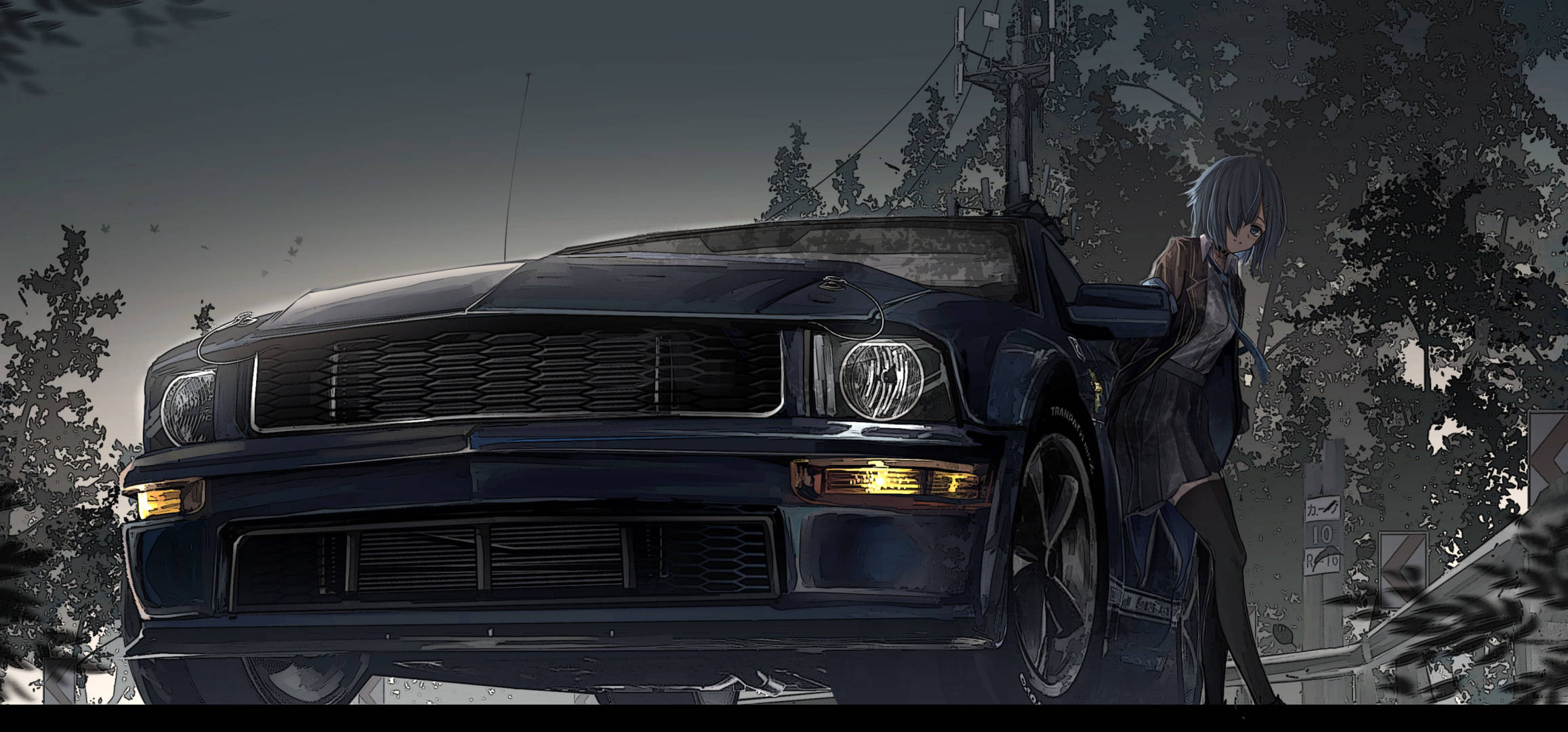 Anime-pige læner sig op ad en Mustang-bil Wallpapers