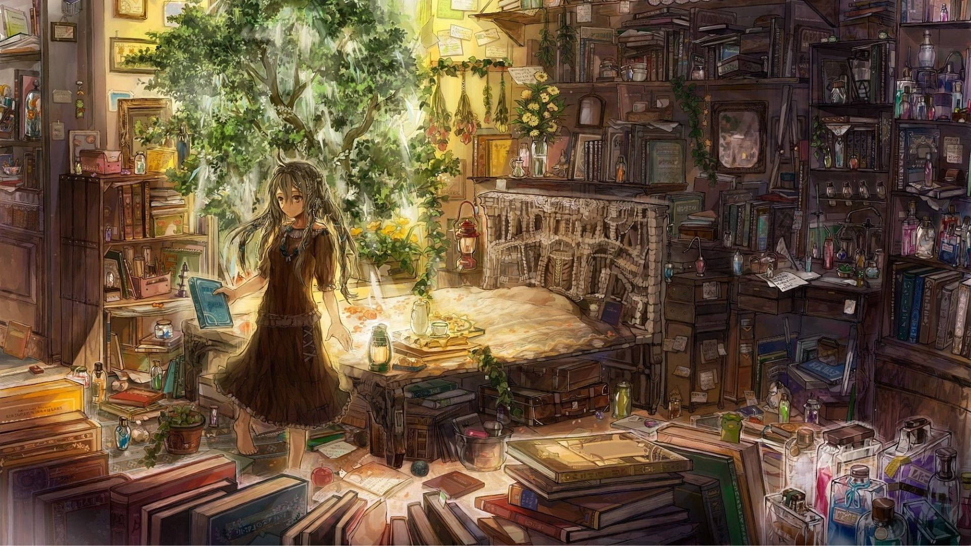 Anime-pige på bibliotek Wallpapers