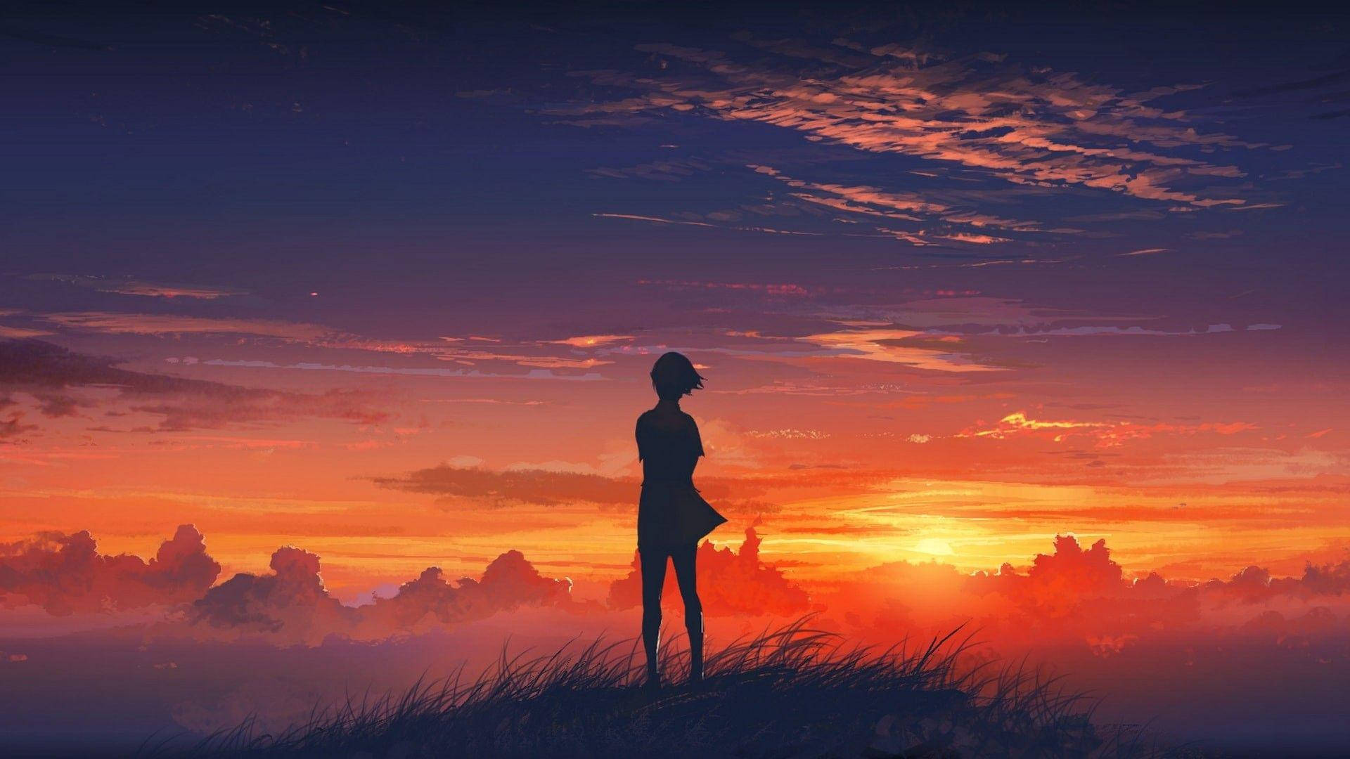 Anime-pige silhuet æstetisk solnedgang Wallpapers