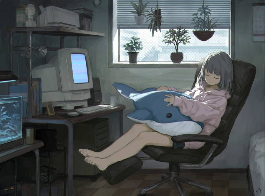 Anime-pige sover foran bærbar computer Wallpapers