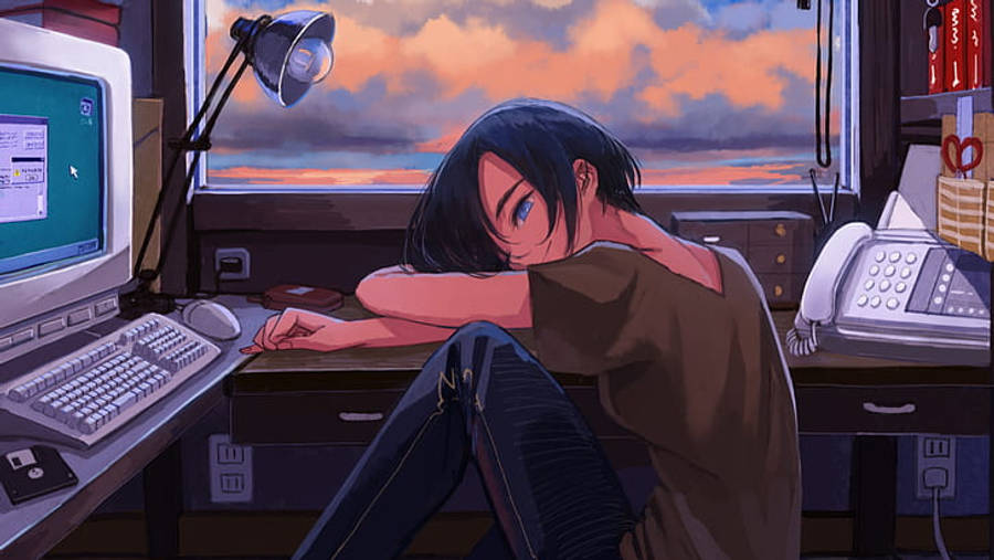 Anime-pige træt foran bærbar Wallpapers