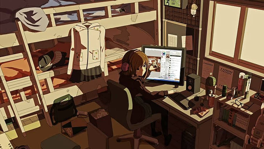 Anime-pigens laptop-arbejdsstation oplyst af skygger Wallpapers