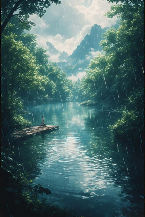 Anime-regn sø i grøn skov med fredfyldt natur 4K Wallpapers