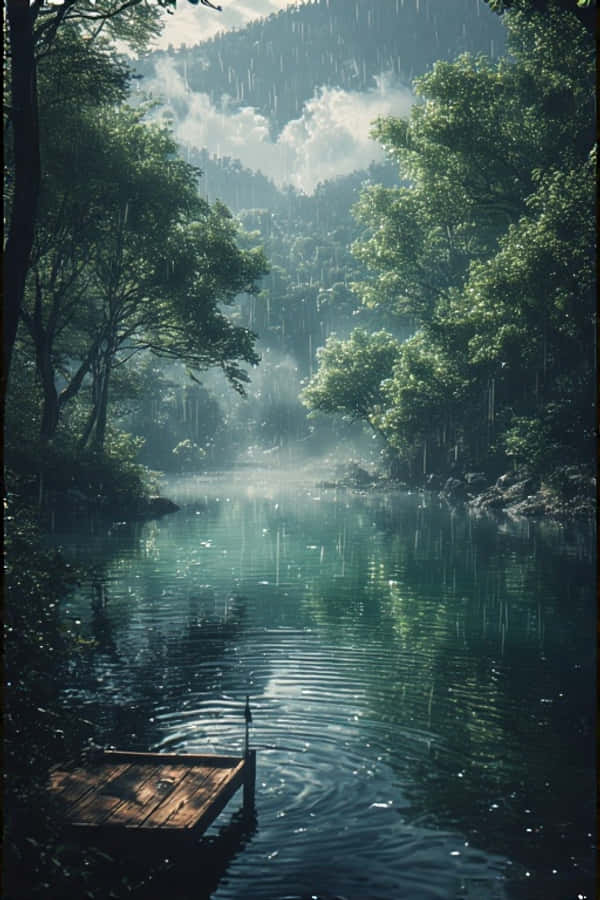 Anime Regnfuld Sø i Grøn Skov Fredelig Natur 4K Wallpapers