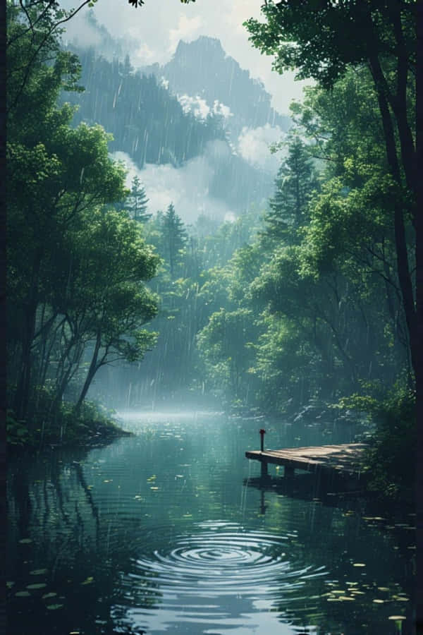 Anime Regnfuld Sø i Grøn Skov Fredelig Natur 4K Wallpapers