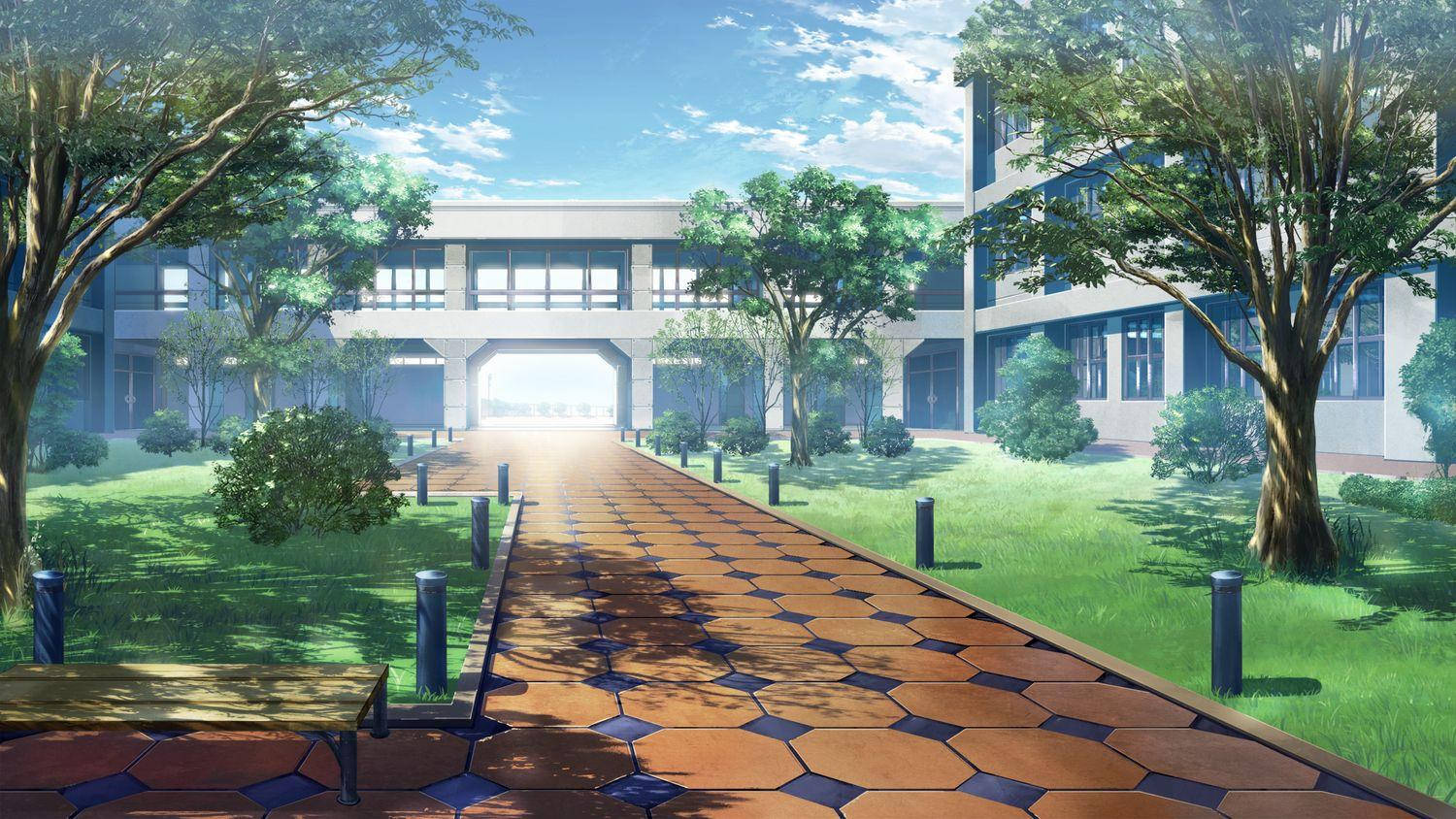 Anime skolelandskab med flisebelagt sti Wallpapers