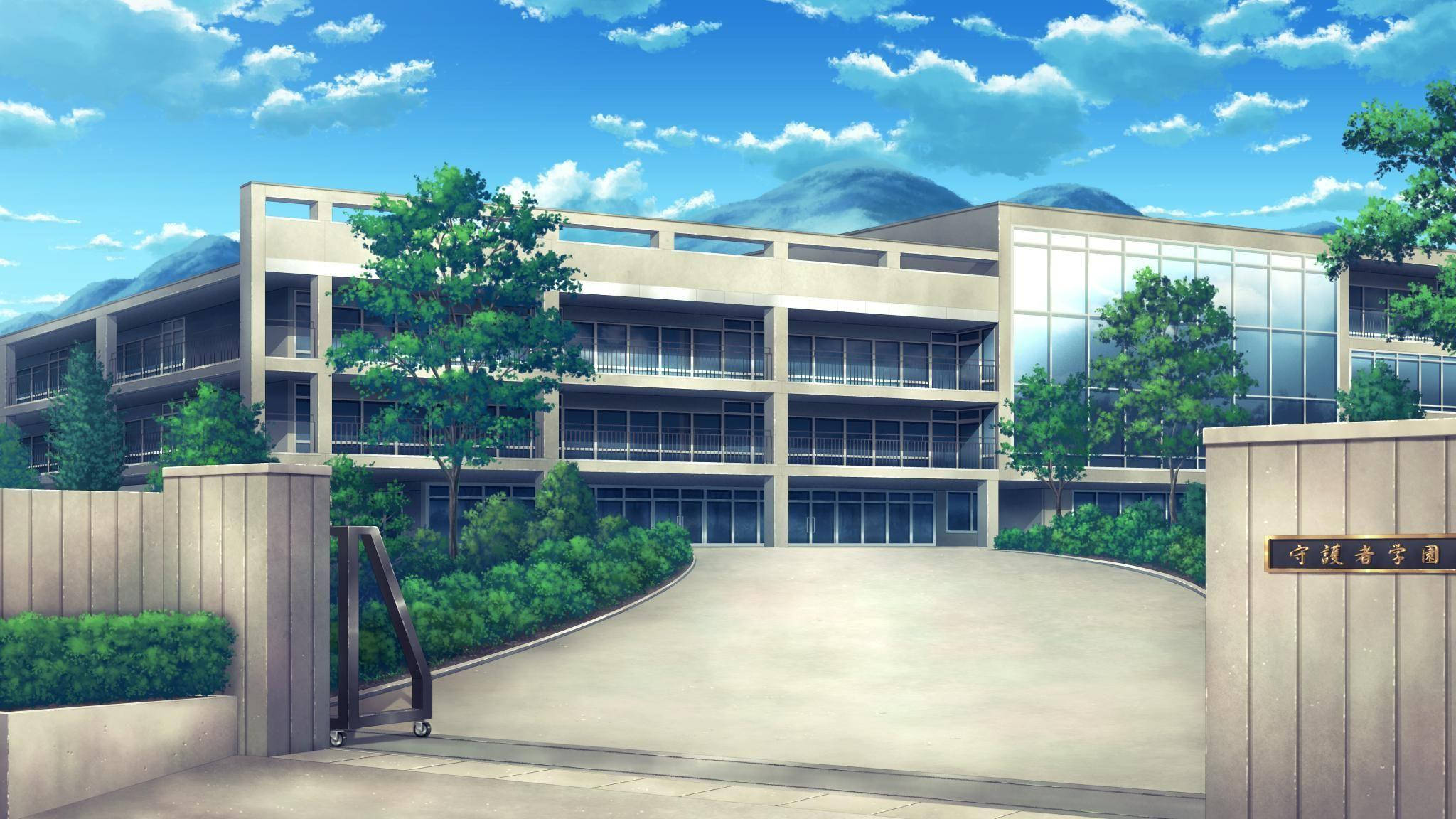 Anime skolelandskab med op ad bakke ved indgangen Wallpapers