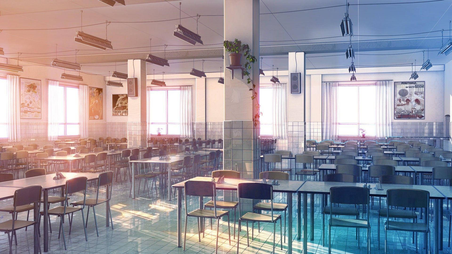 Anime skolelandskab tom kantine ved solnedgang Wallpapers