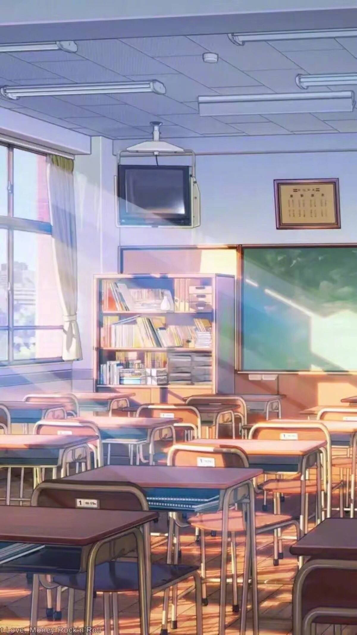 Anime skolescene med tv i klasseværelset Wallpapers