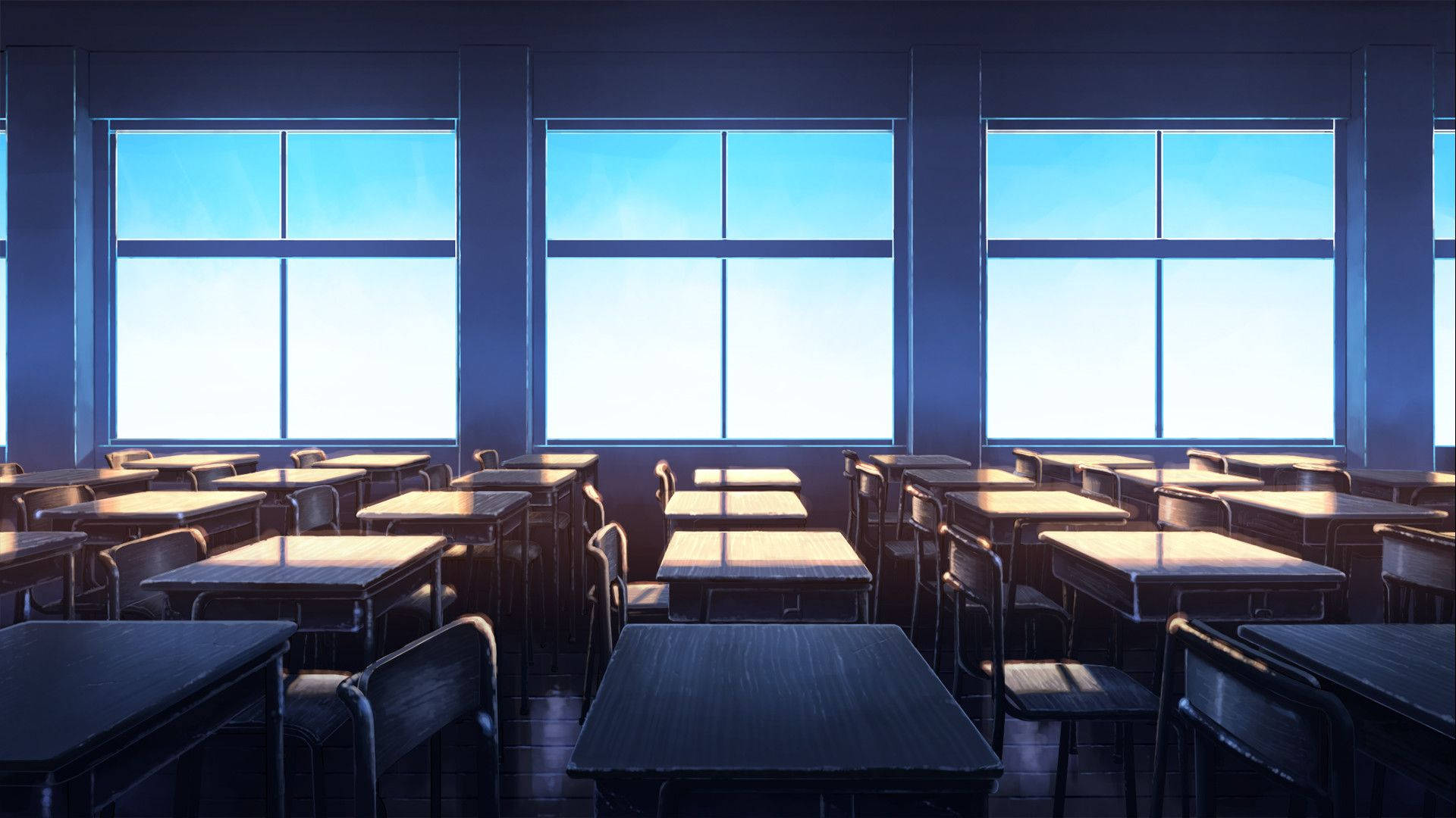 Anime skolescene med klasseværelse og vinduesudsigt Wallpapers