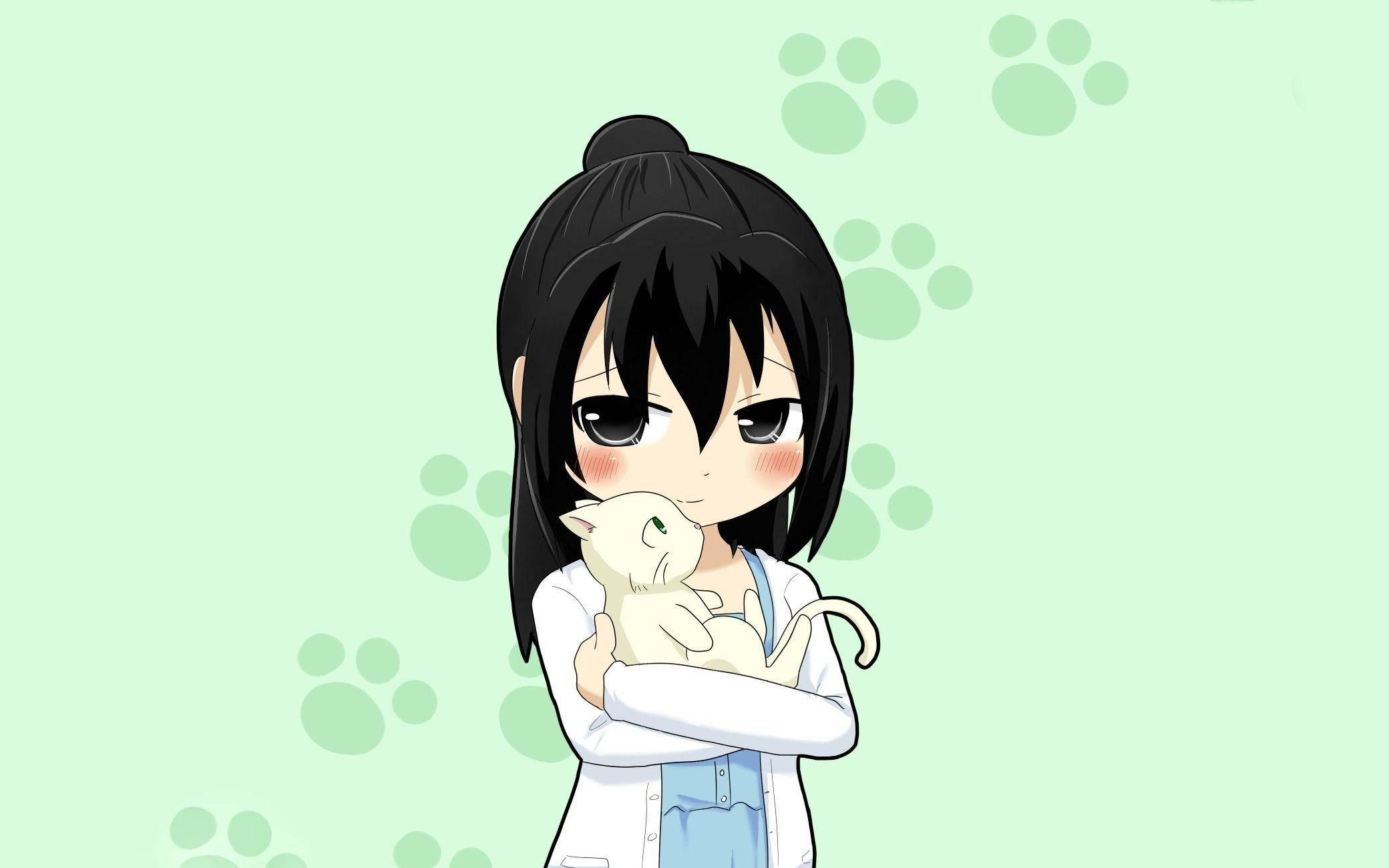 Animebarn med hvid kat Wallpapers