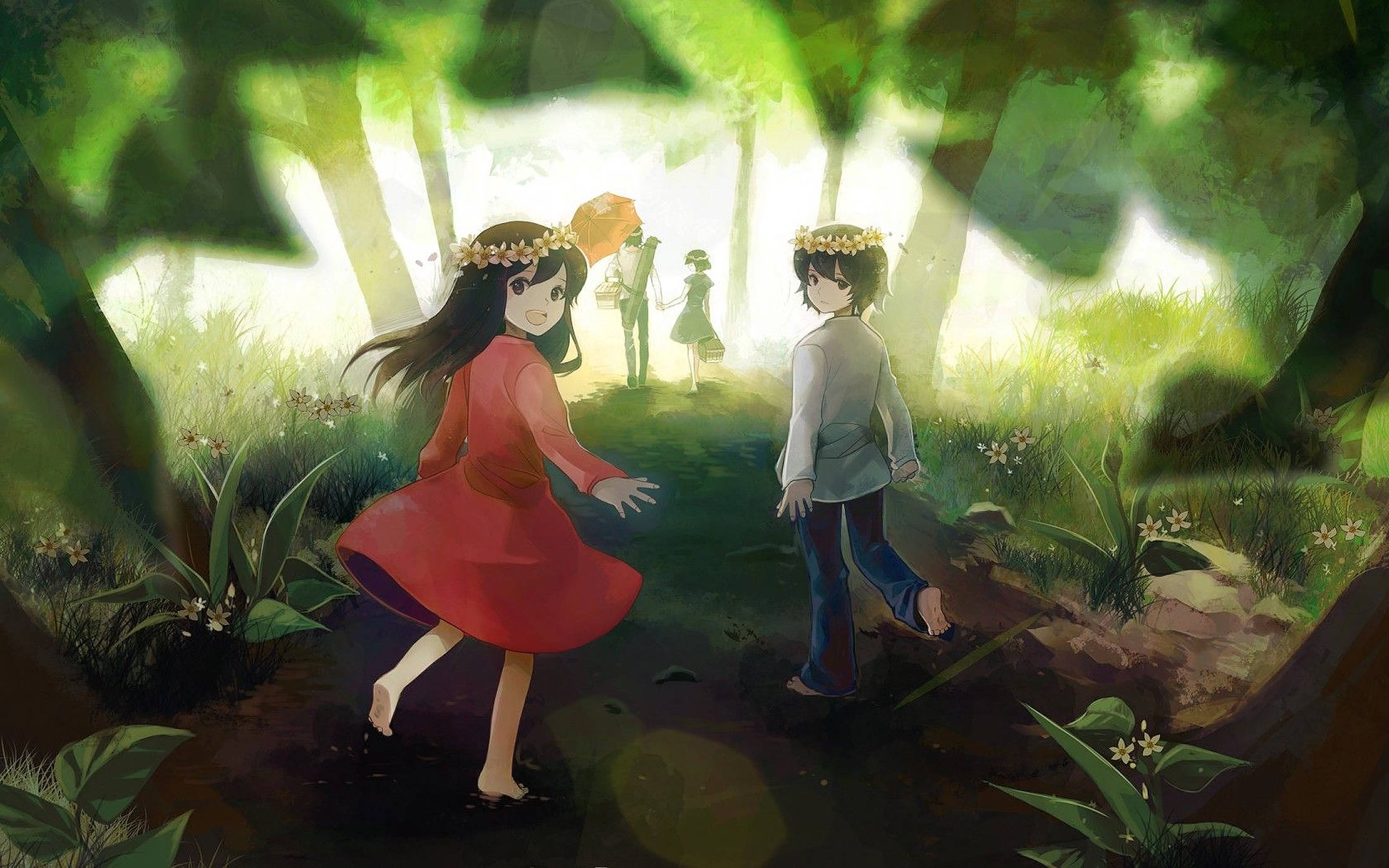 Animebørn i skoven Wallpapers