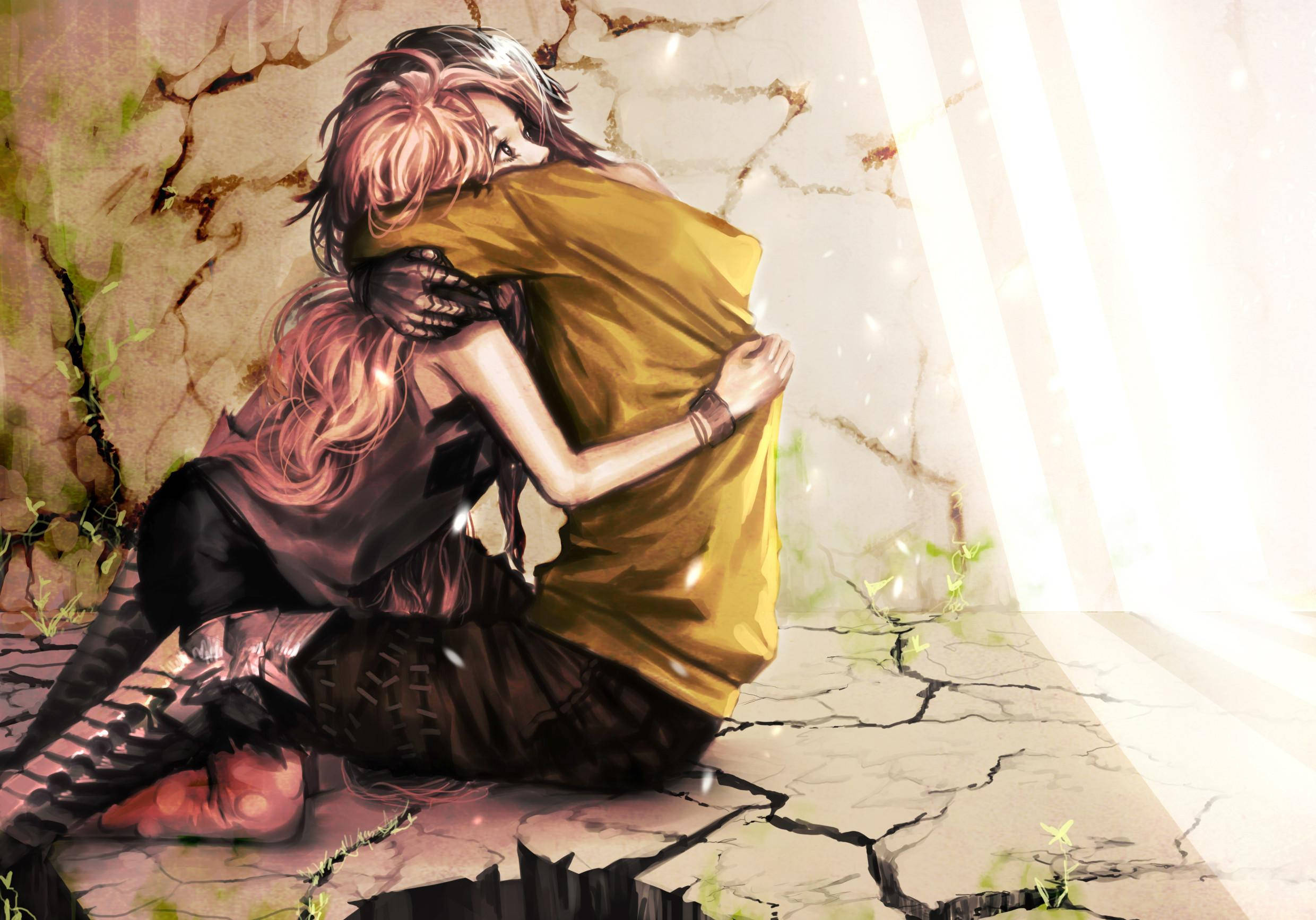 Animepar omfavner med lyserødt hår Wallpapers