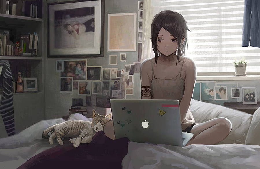 Animepige arbejder med bærbar på sengen Wallpapers