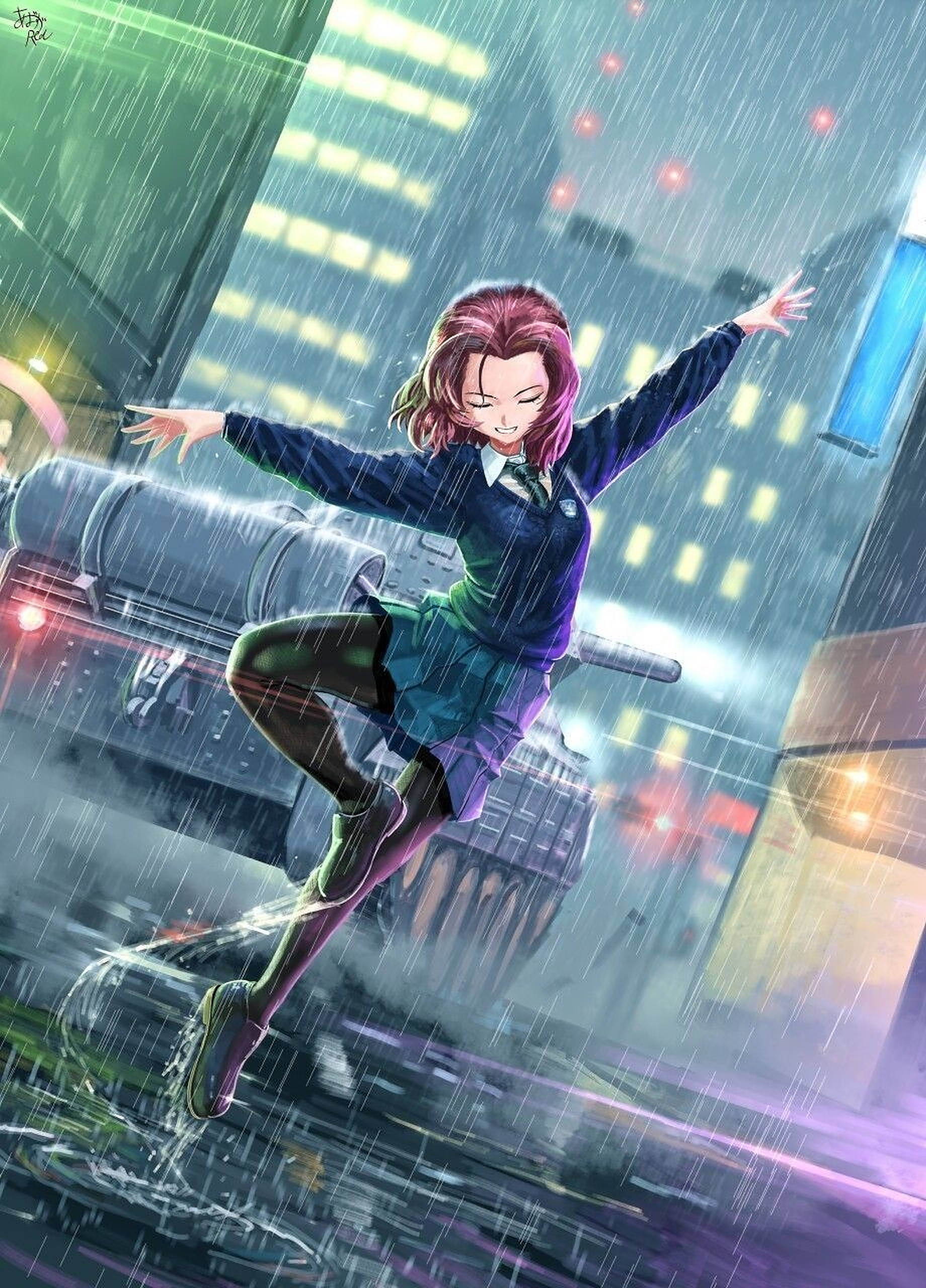 Animepige danser i regnen Wallpapers