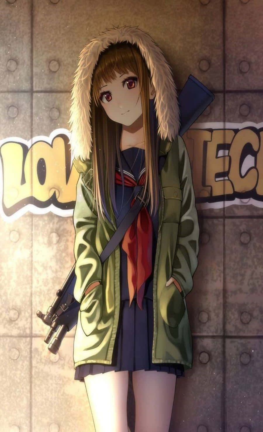 Animepige i en stilfuld hættetrøje Wallpapers