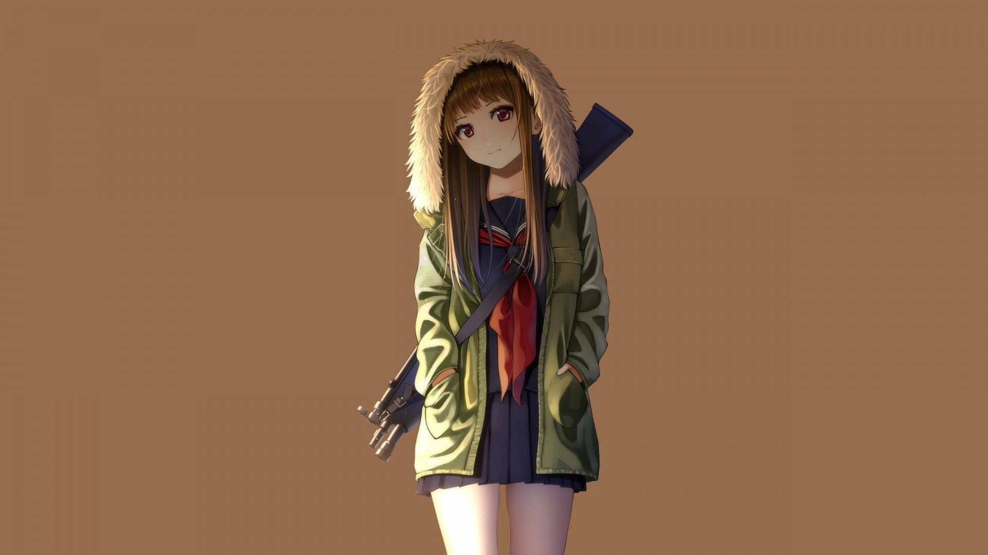 Animepige i hættetrøje med gevær Wallpapers