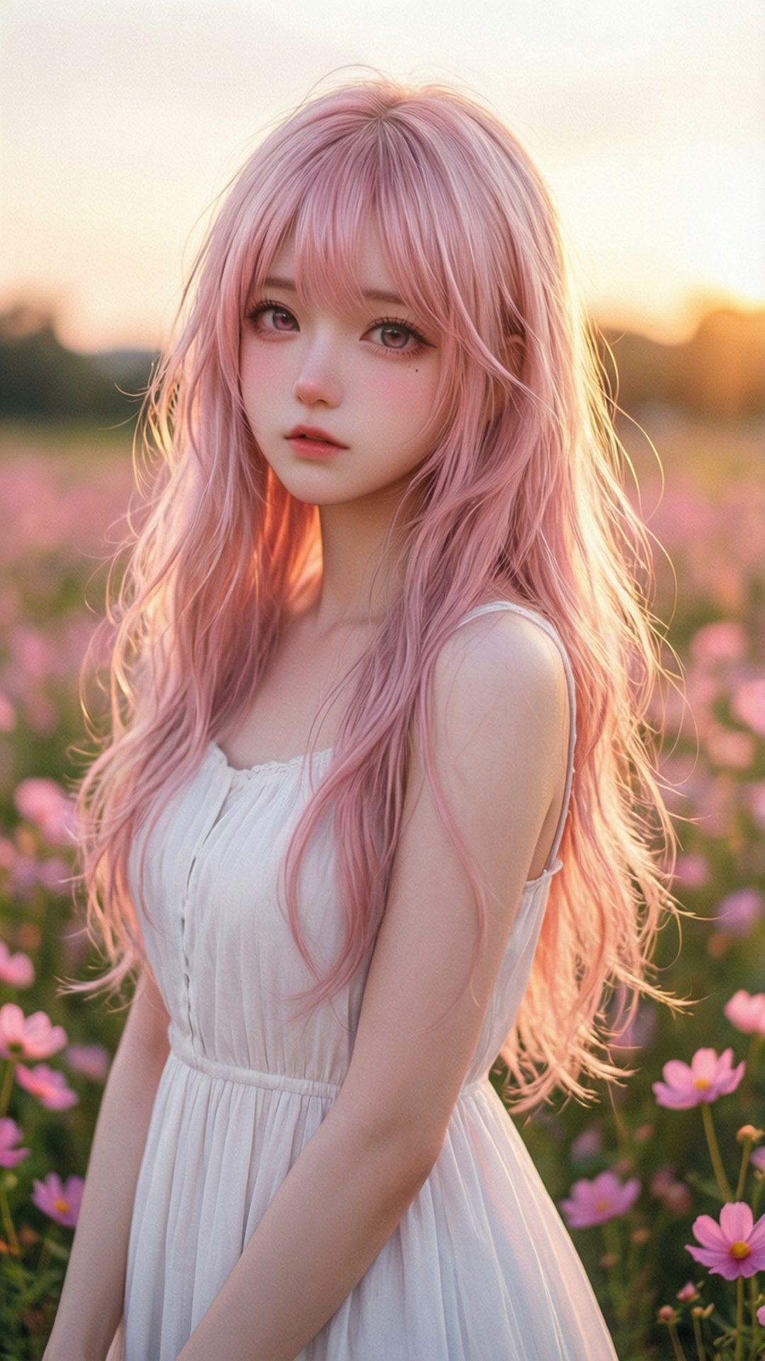 Animepige i lyserødt felt Wallpapers