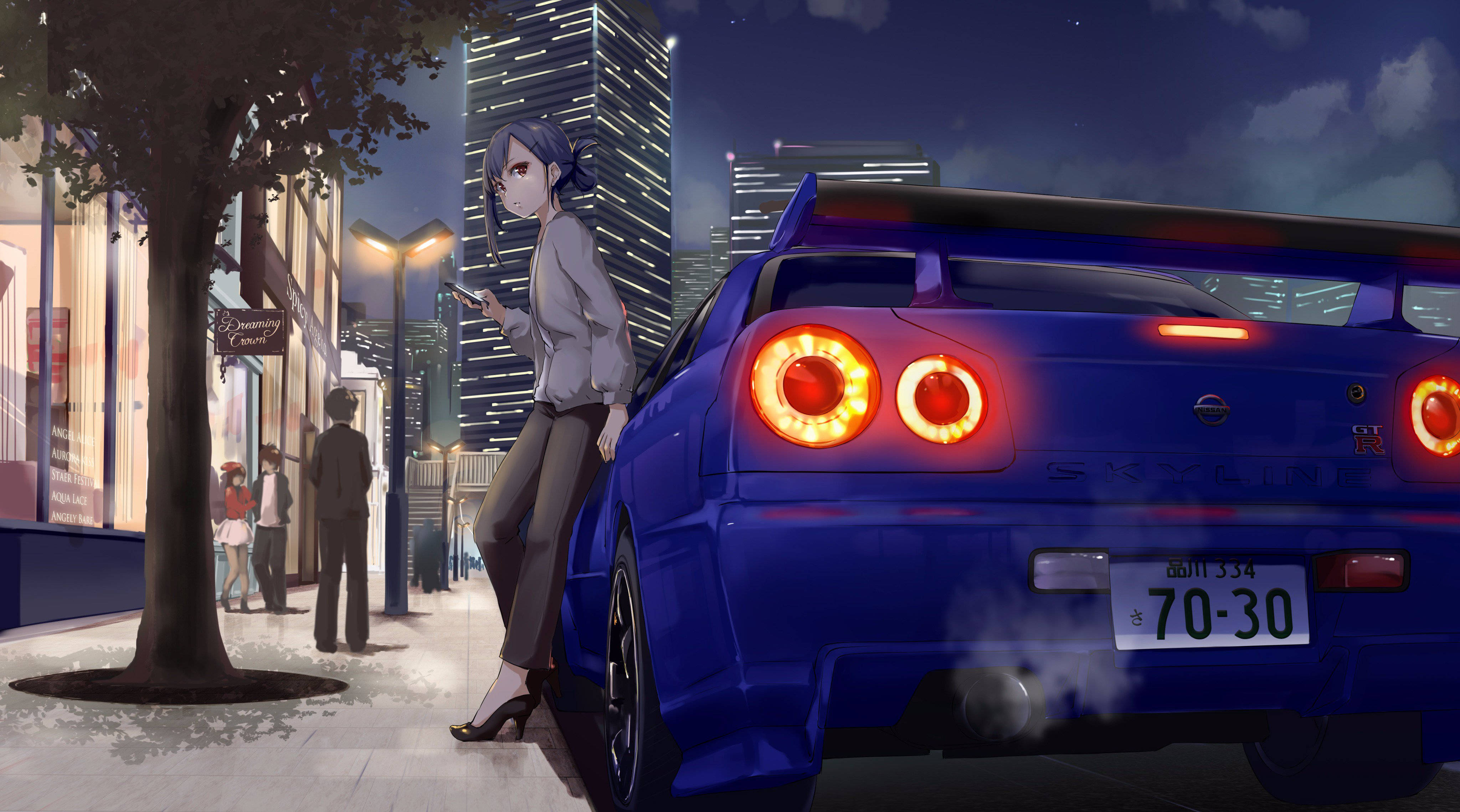 Animepige læner sig op ad en Nissan Skyline-bil Wallpapers