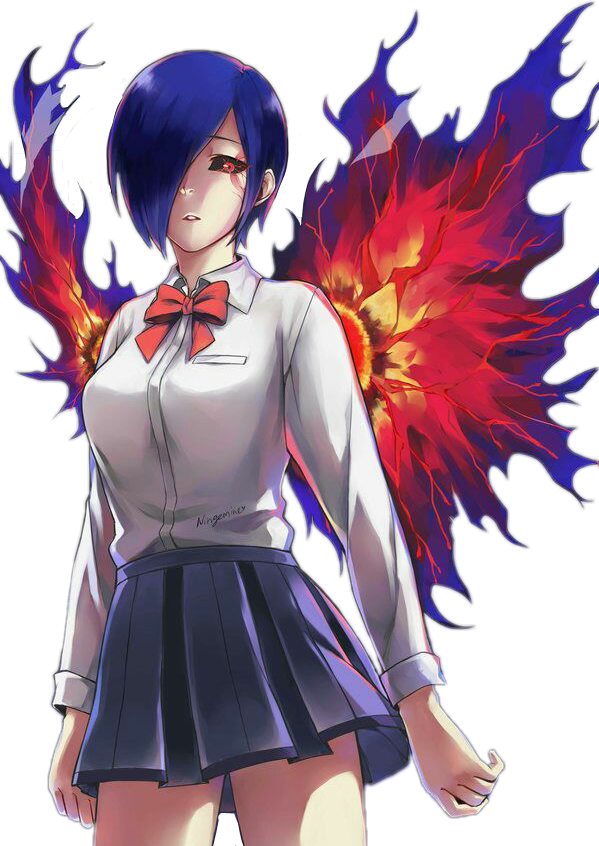 Animepige med blåt hår og flammende vinger Wallpapers
