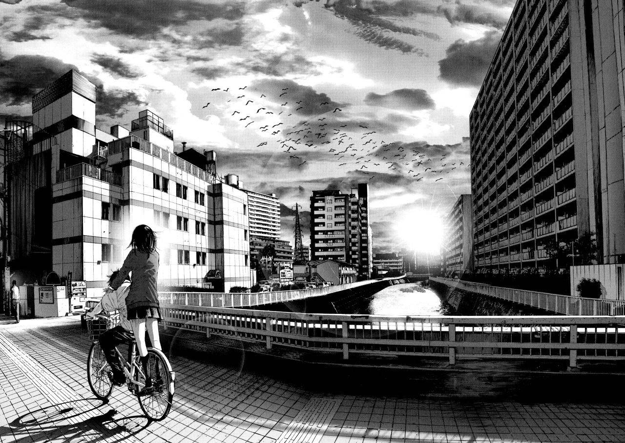 Animepige med cykel i sort/hvid by Wallpapers
