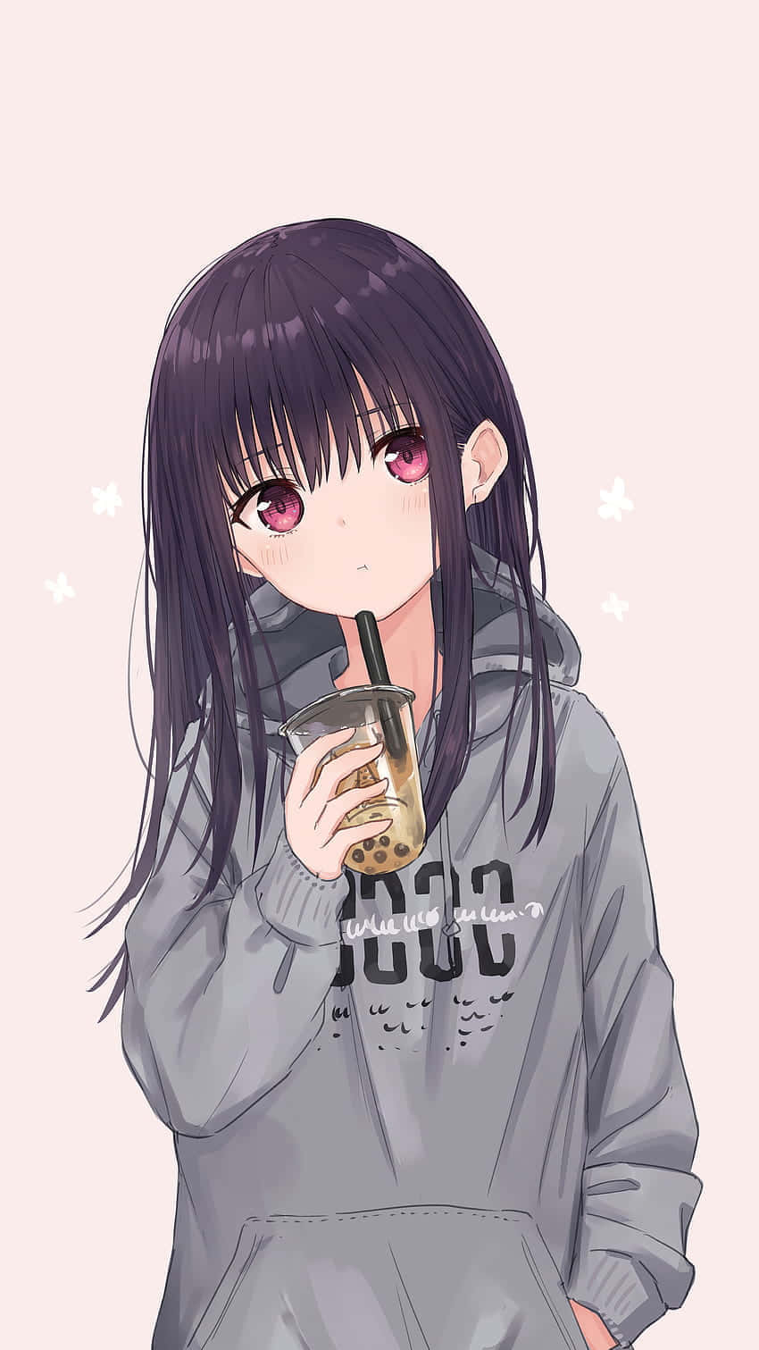 Animepige med hættetrøje og bobate Wallpapers