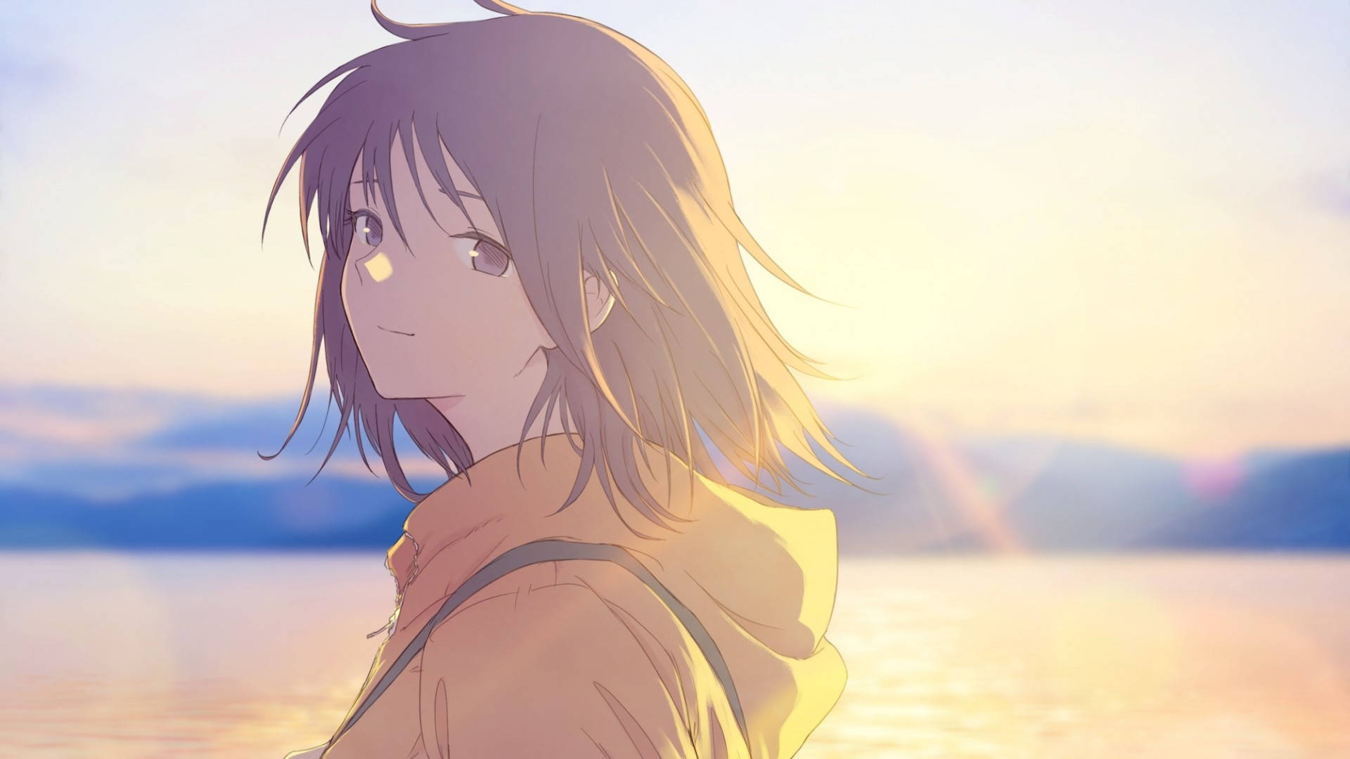 Animepige med hættetrøje ved solnedgang Wallpapers