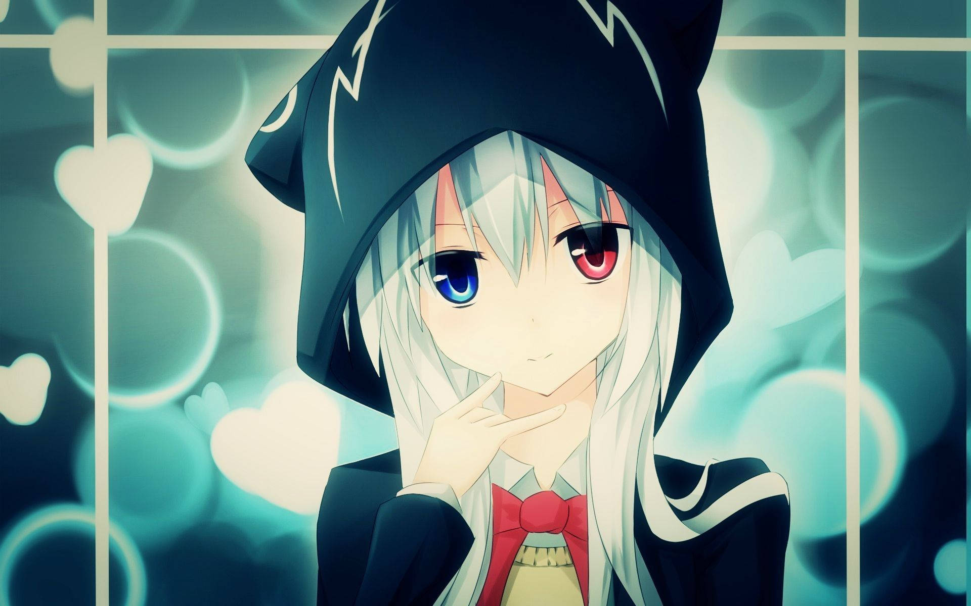 Animepige med røde og blå øjne i hoodie Wallpapers