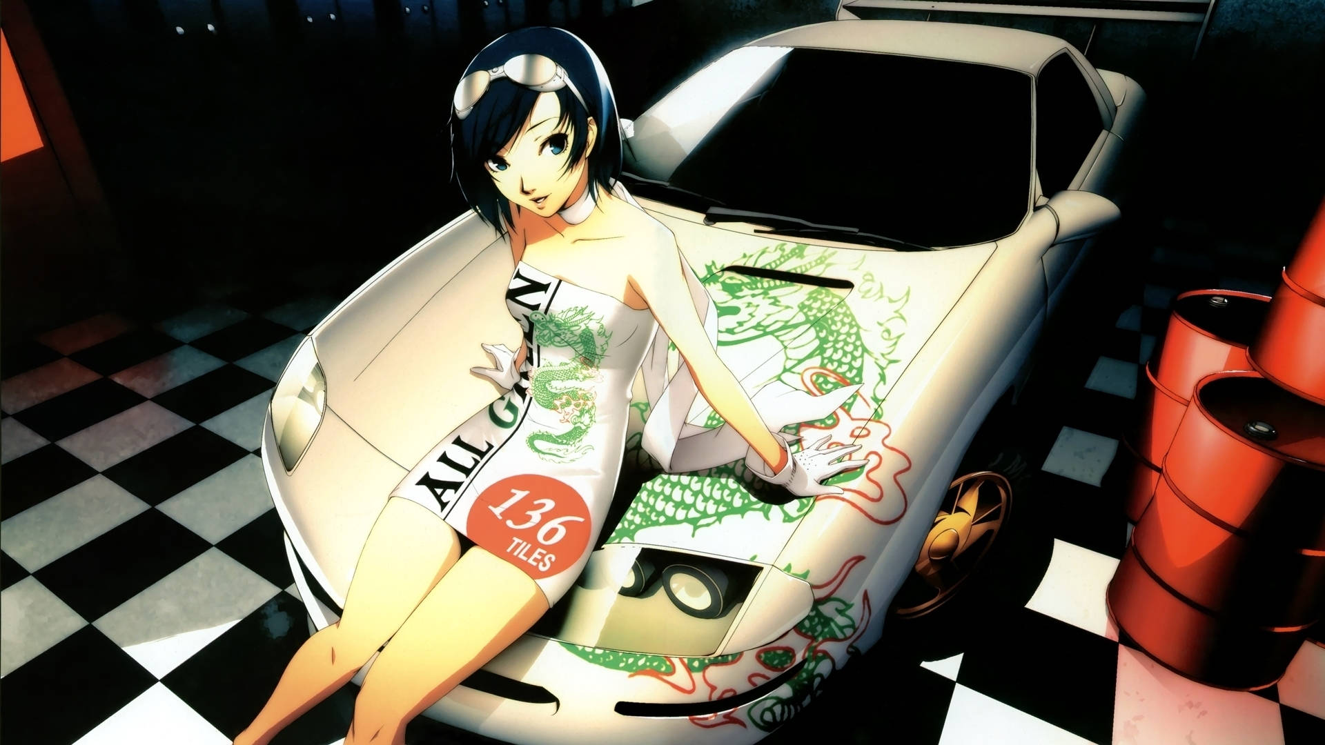 Animepige på motorhjelmen af en bil Wallpapers