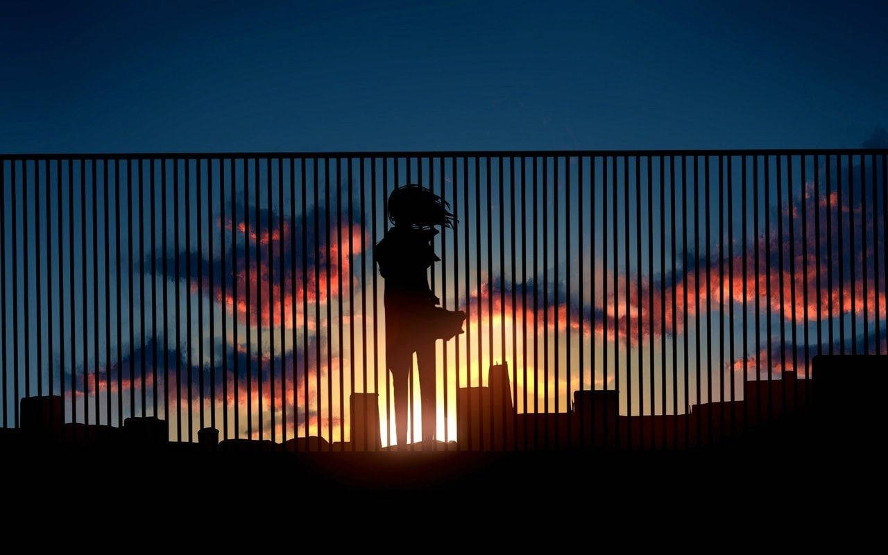 Animepige på tag med hegn ved solnedgang Wallpapers