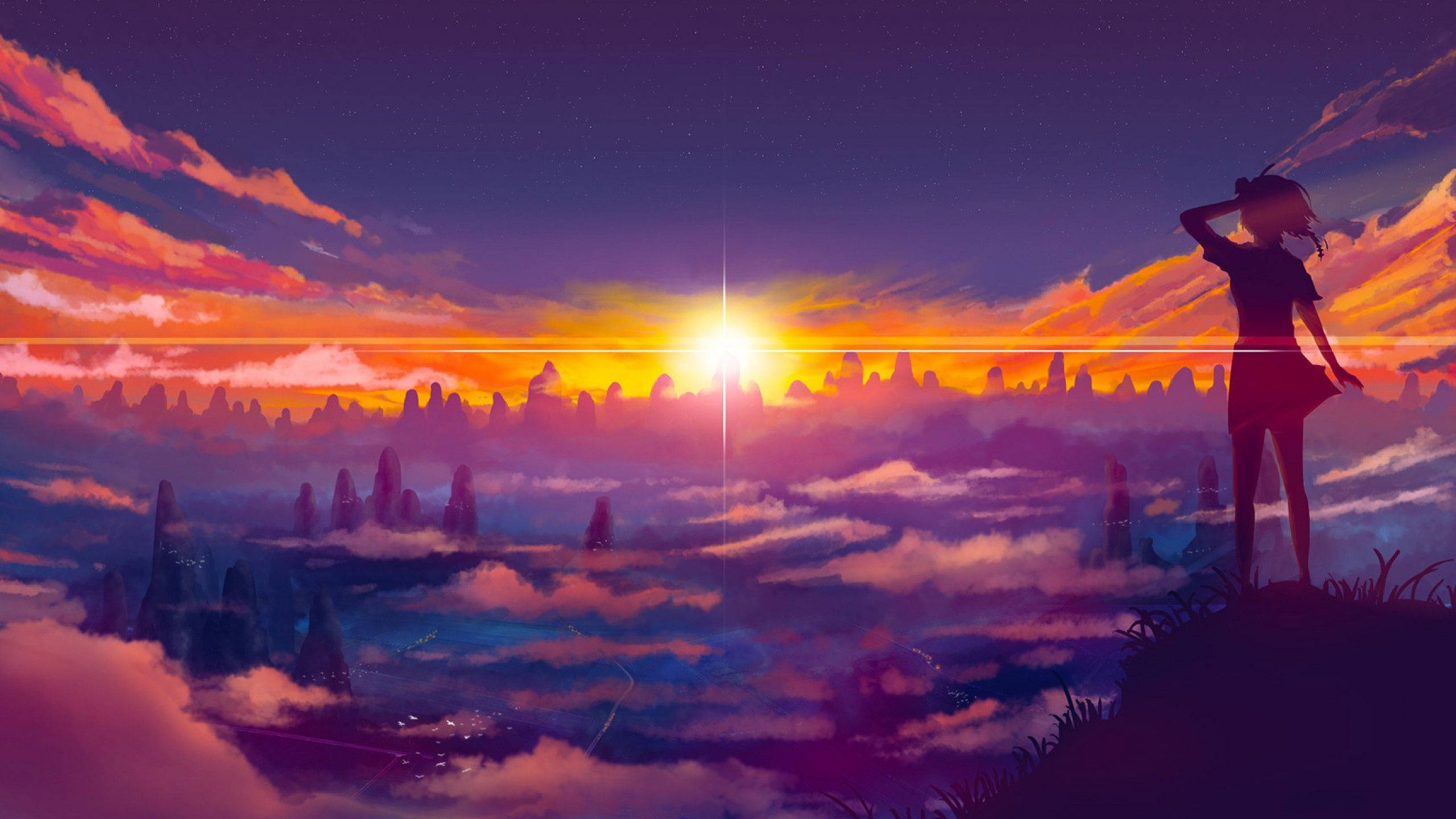 Animepige på YouTube Cover ved Solnedgang med Skyer Wallpapers