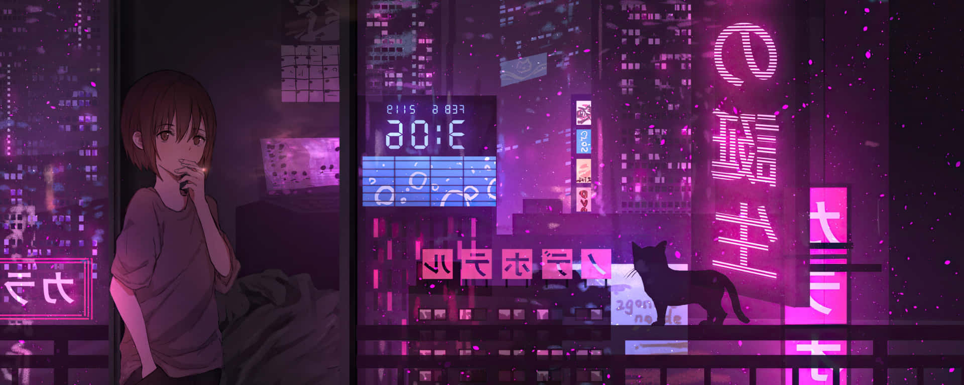 Animepige ryger i cyberpunk bylys på dobbeltskærm