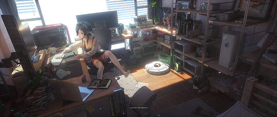 Animepige sidder behageligt og arbejder på sin bærbare computer Wallpapers