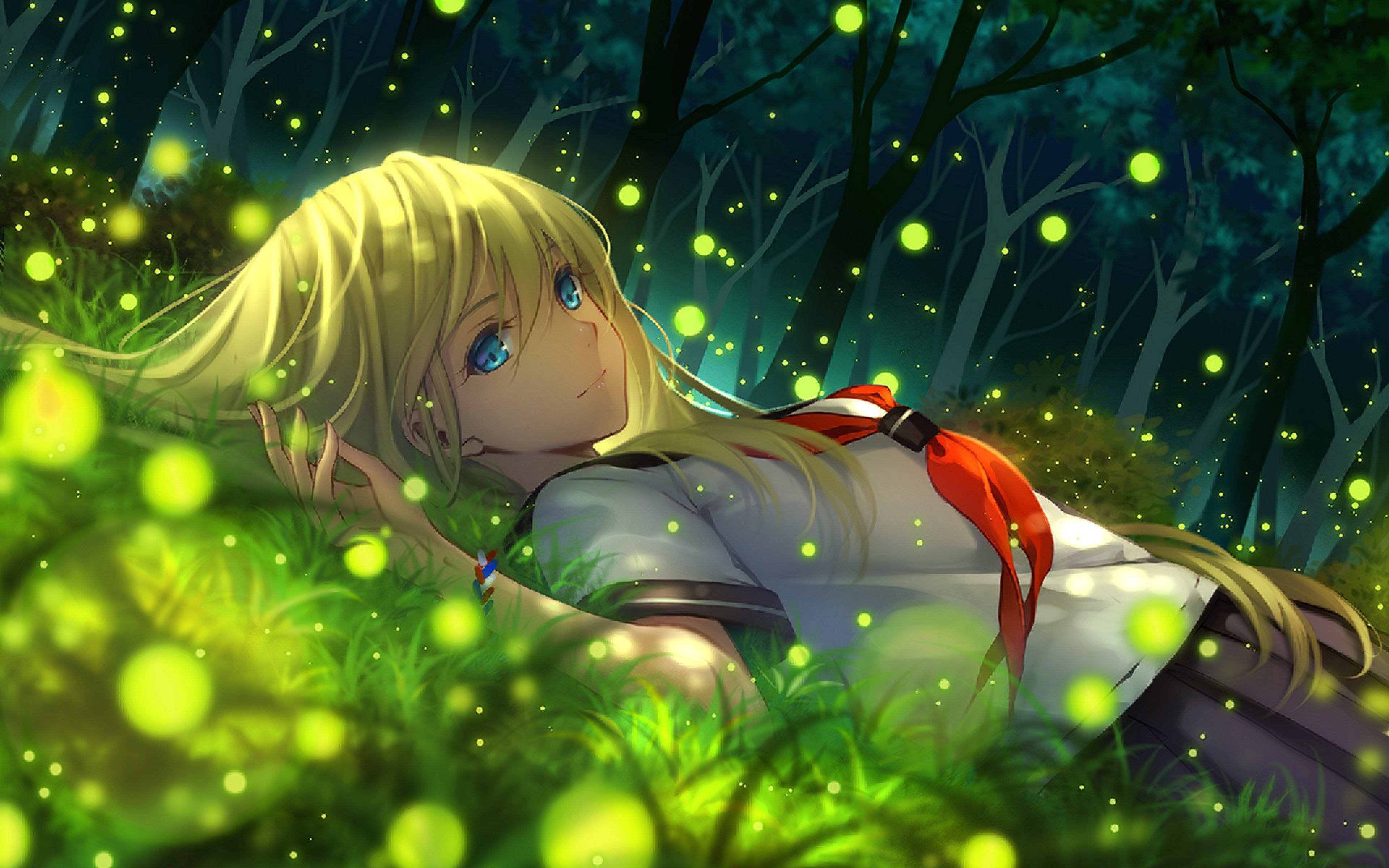 Animepige stående blandt lysende kugler Wallpapers