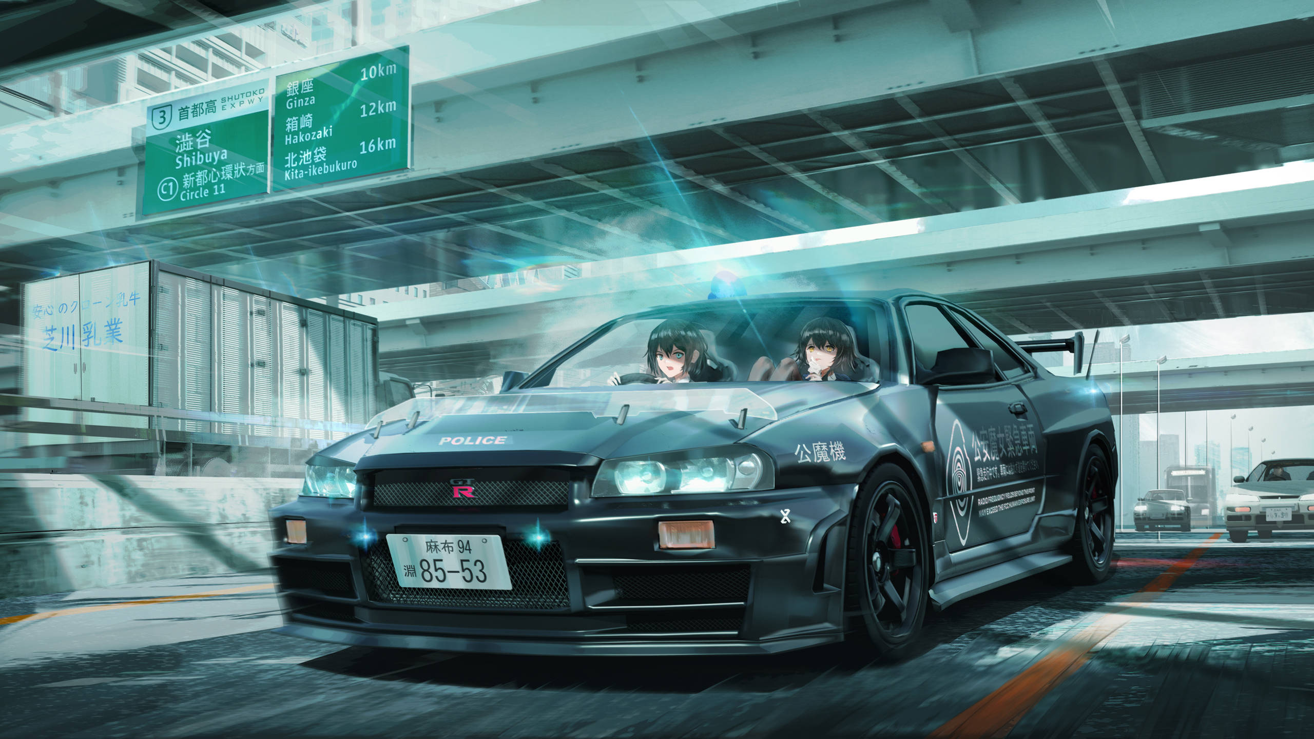 Animepiger sidder inde i en bil Wallpapers