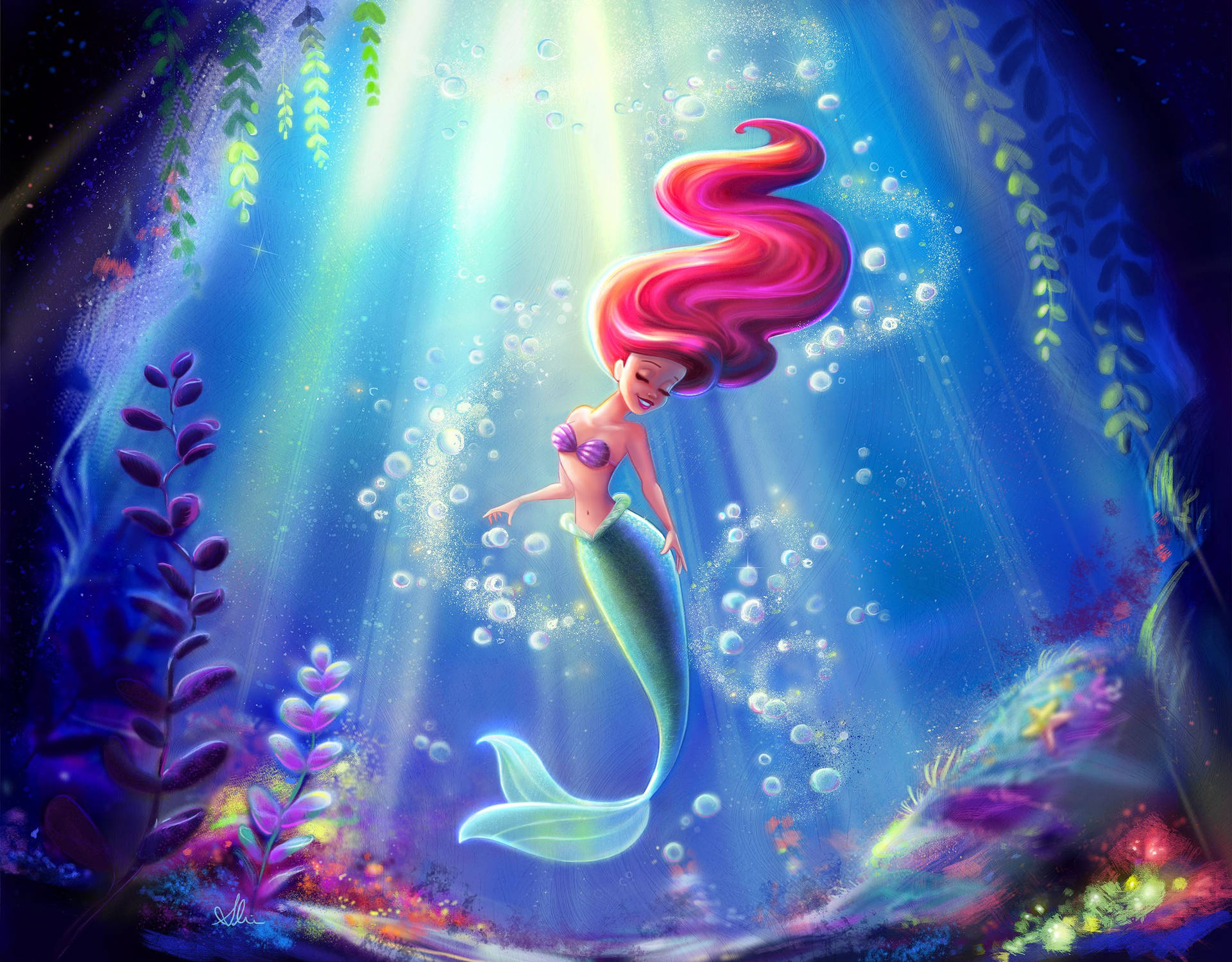 Den Lille Havfrue Ariel danser under vandet baggrund. — Havfrue Wallpapers