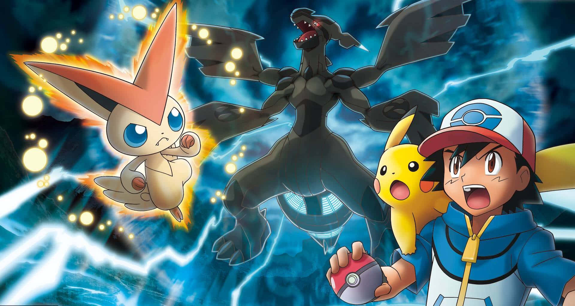Ash Ketchum, Pikachu og Zekrom i Pokémon-kamp baggrund Wallpapers