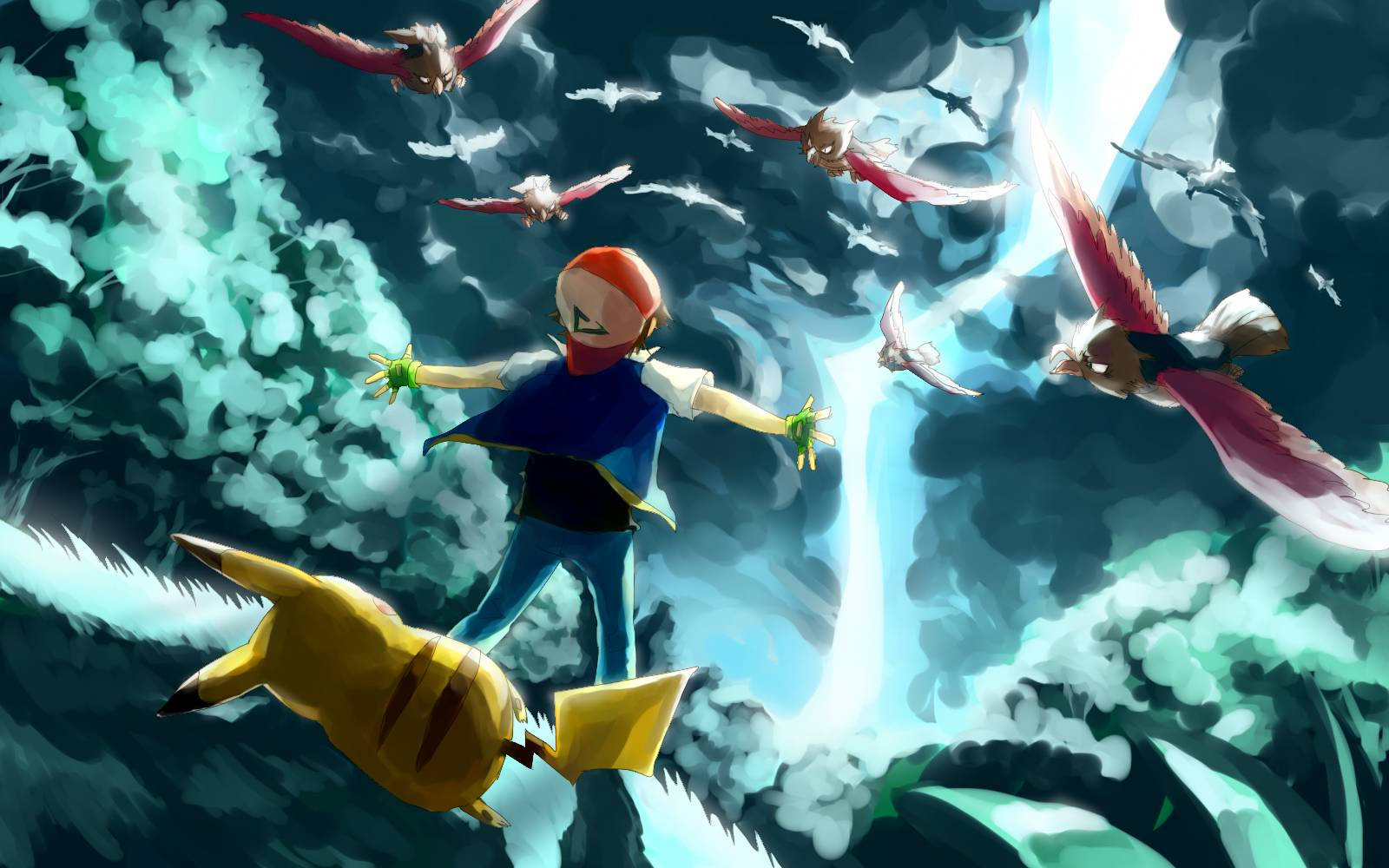 Ash forsvarer Pikachu mod fjender eller onde Pokemon i en skov mens torden slår ned. — Pikachu Wallpapers