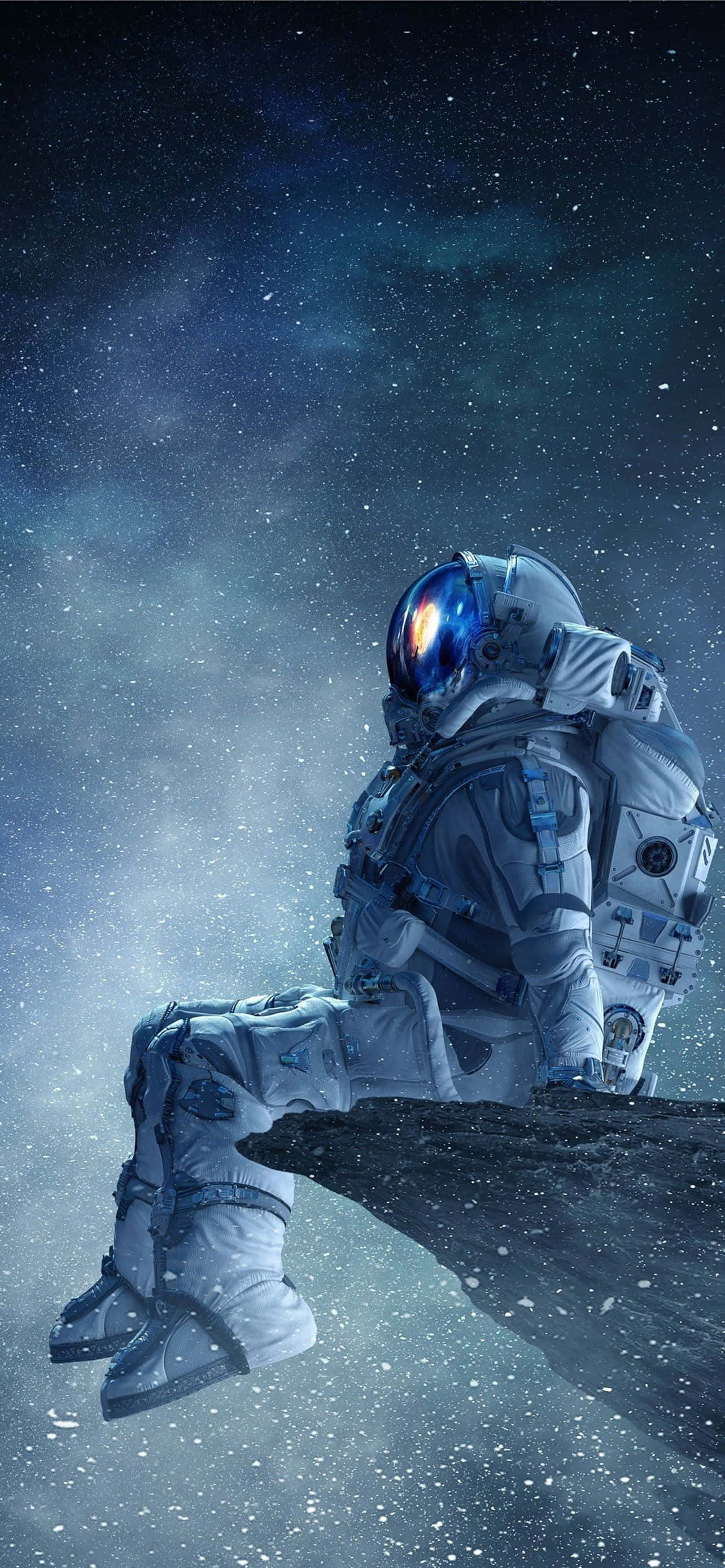 Astronaut på klippe i det ydre rum iPhone Wallpapers